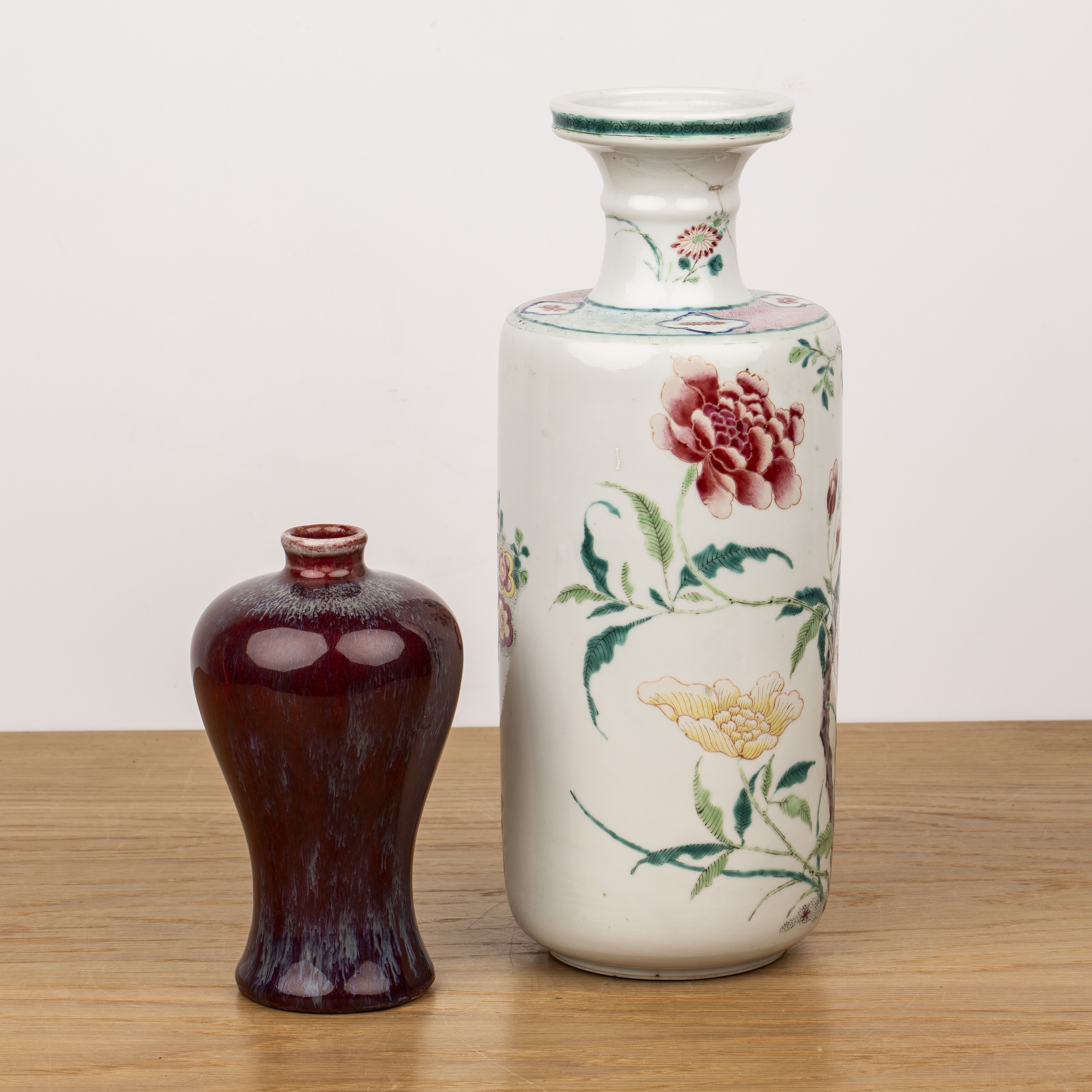 Famille rose vase and a flambe vase Chinese painted with birds, peonies and other flowers, 29cm high - Image 2 of 4