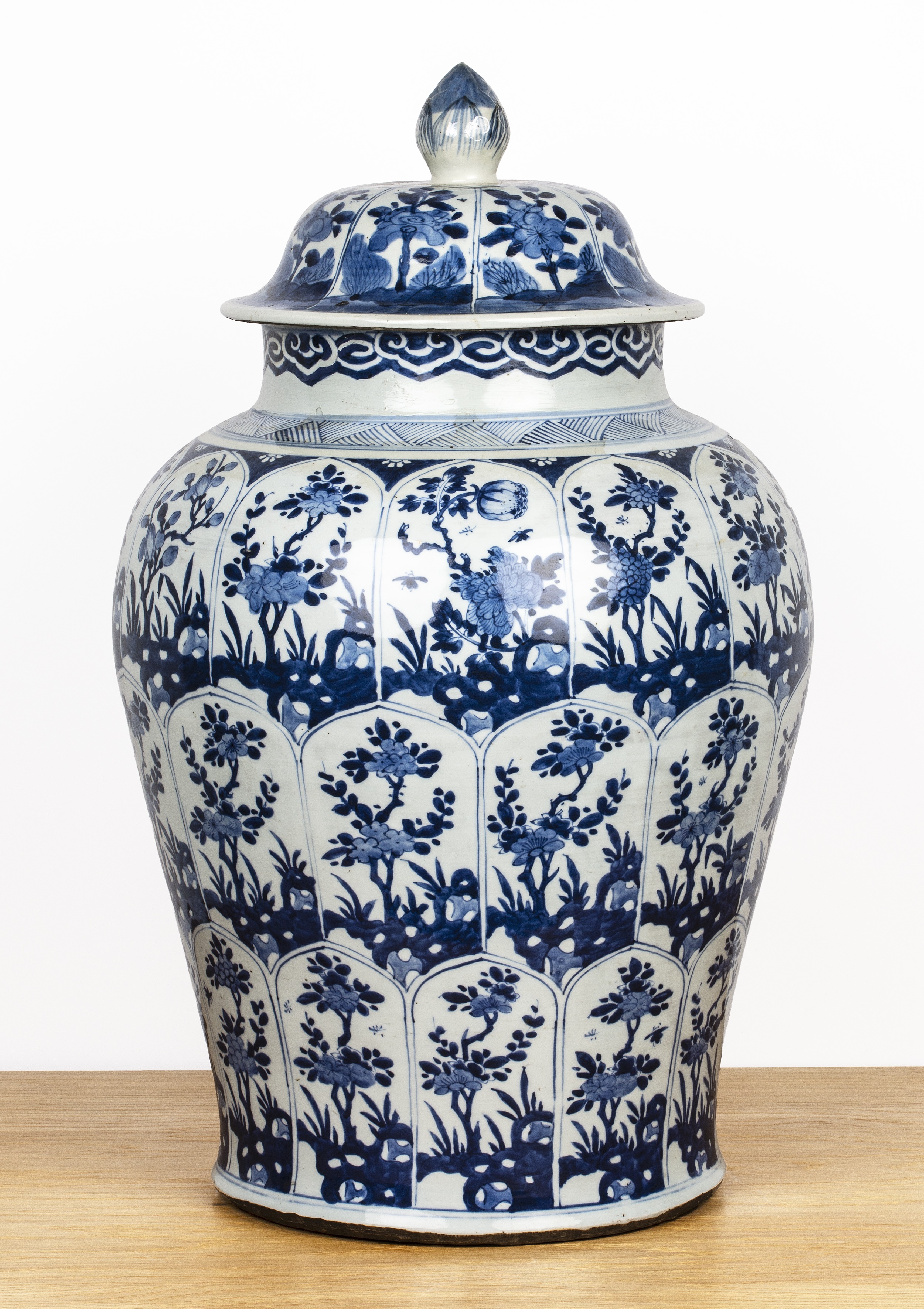 Blue and white jar and cover Chinese, Kangxi with all-over panels of flowers, within a chevron and - Image 4 of 23