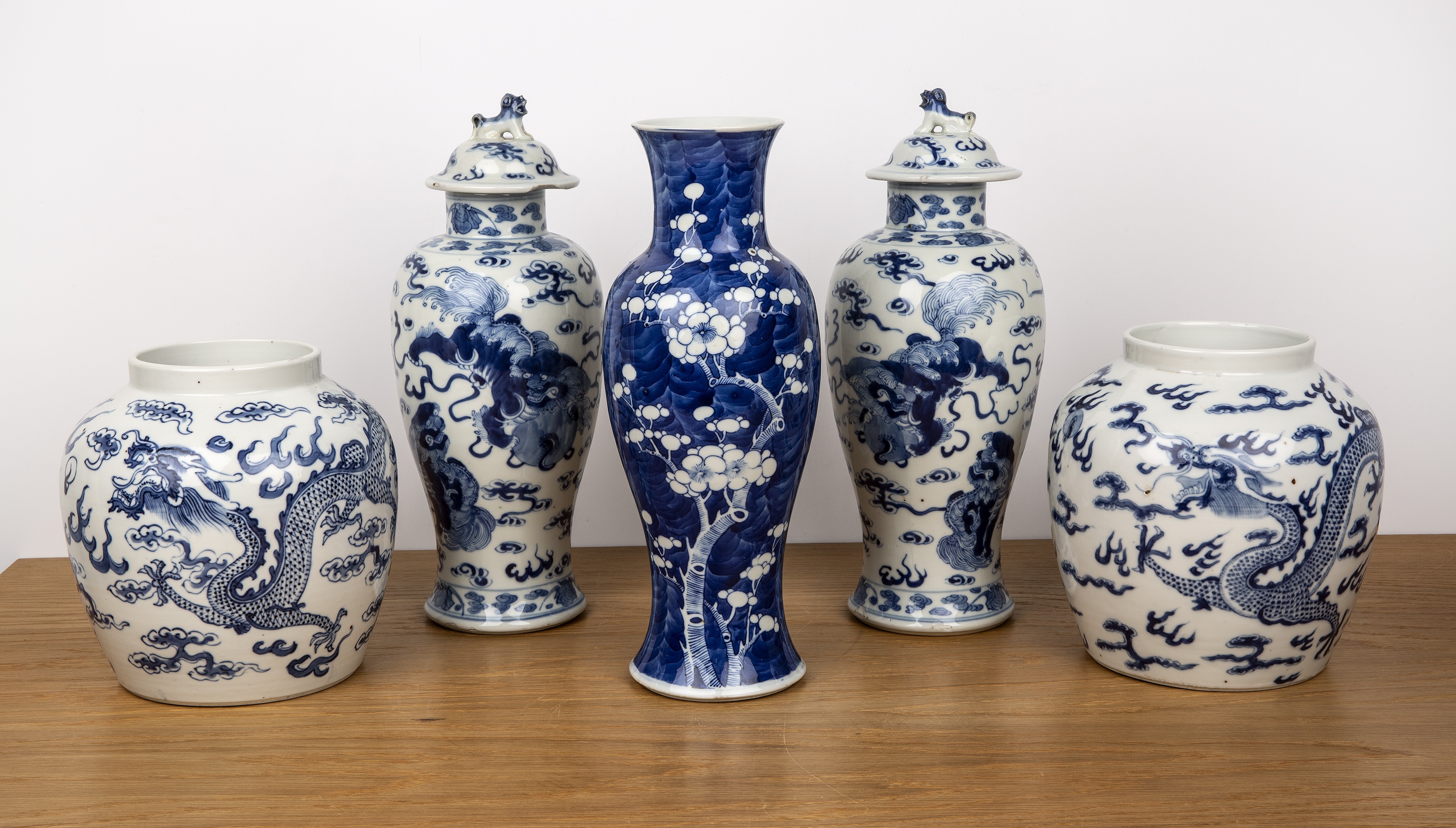 Group of pieces Chinese, 19th/20th Century including a pair of blue and white vases and covers