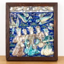 Large polychrome Qajar tile Iran, 19th Century painted with four kneeling figures beneath birds in