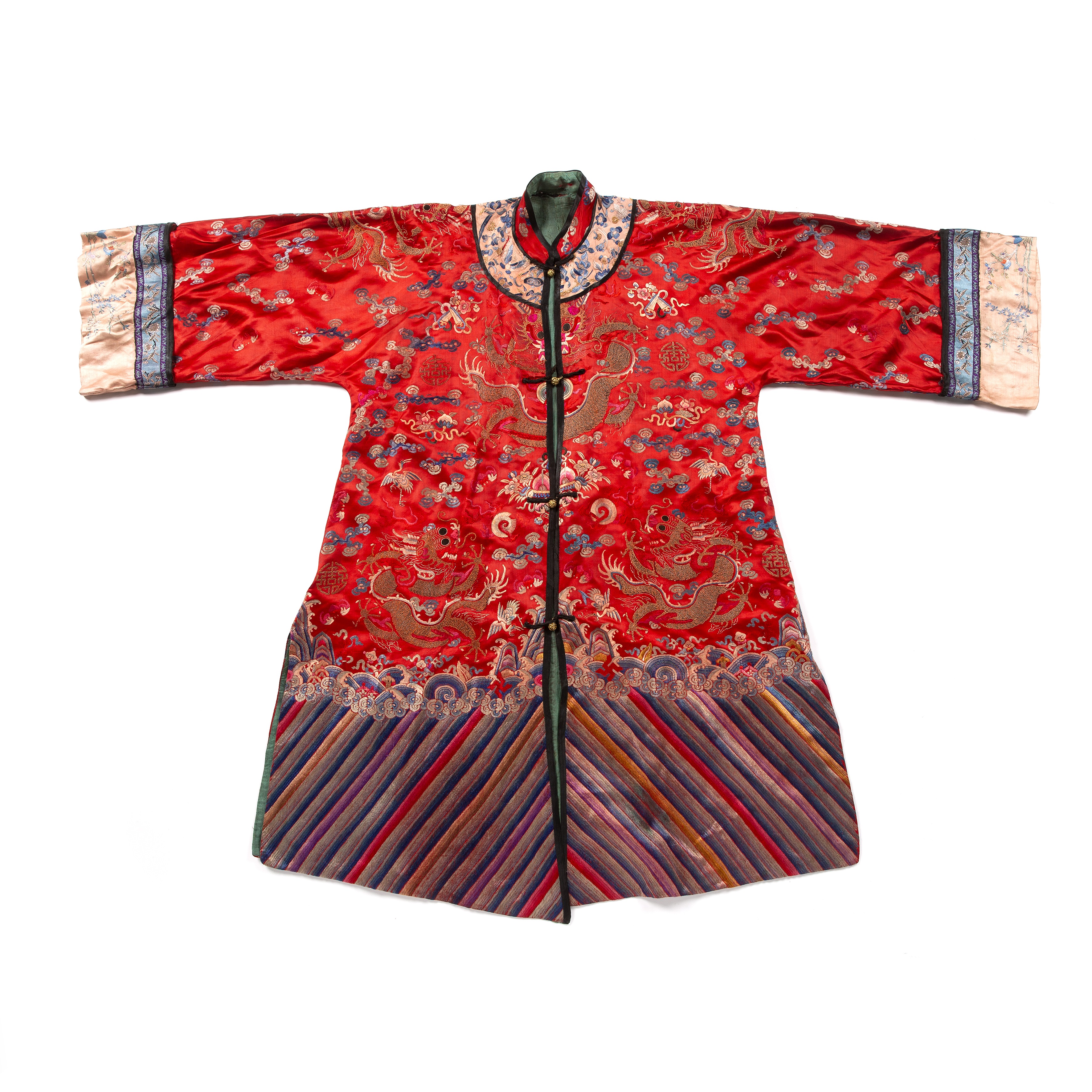 Red ground silk bridal robe Chinese, late 19th Century embroidered with ten five-clawed scaled