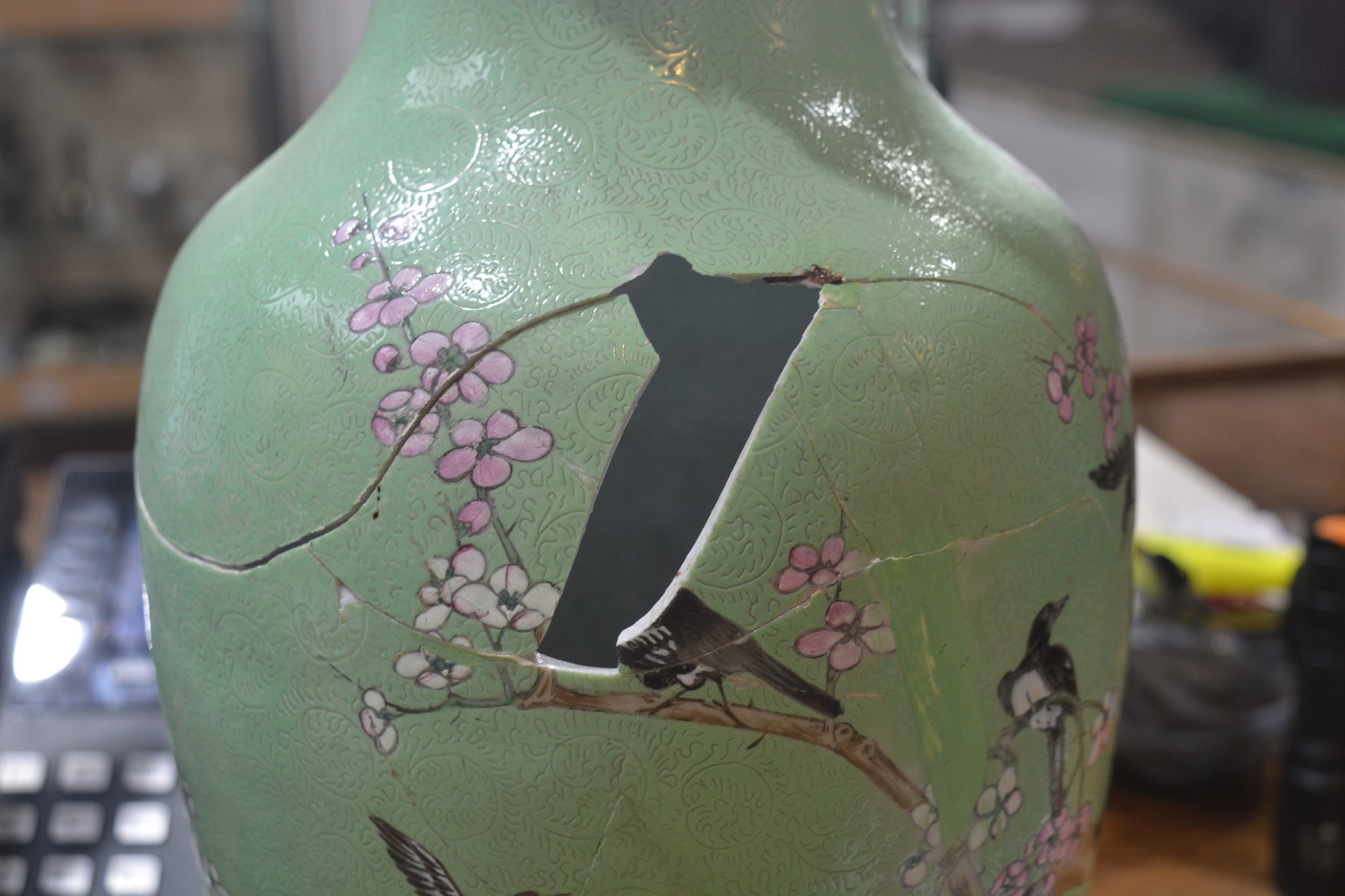 Green and enamel vase Chinese, 19th Century painted with birds and blossom on a an incised ground, - Image 10 of 23