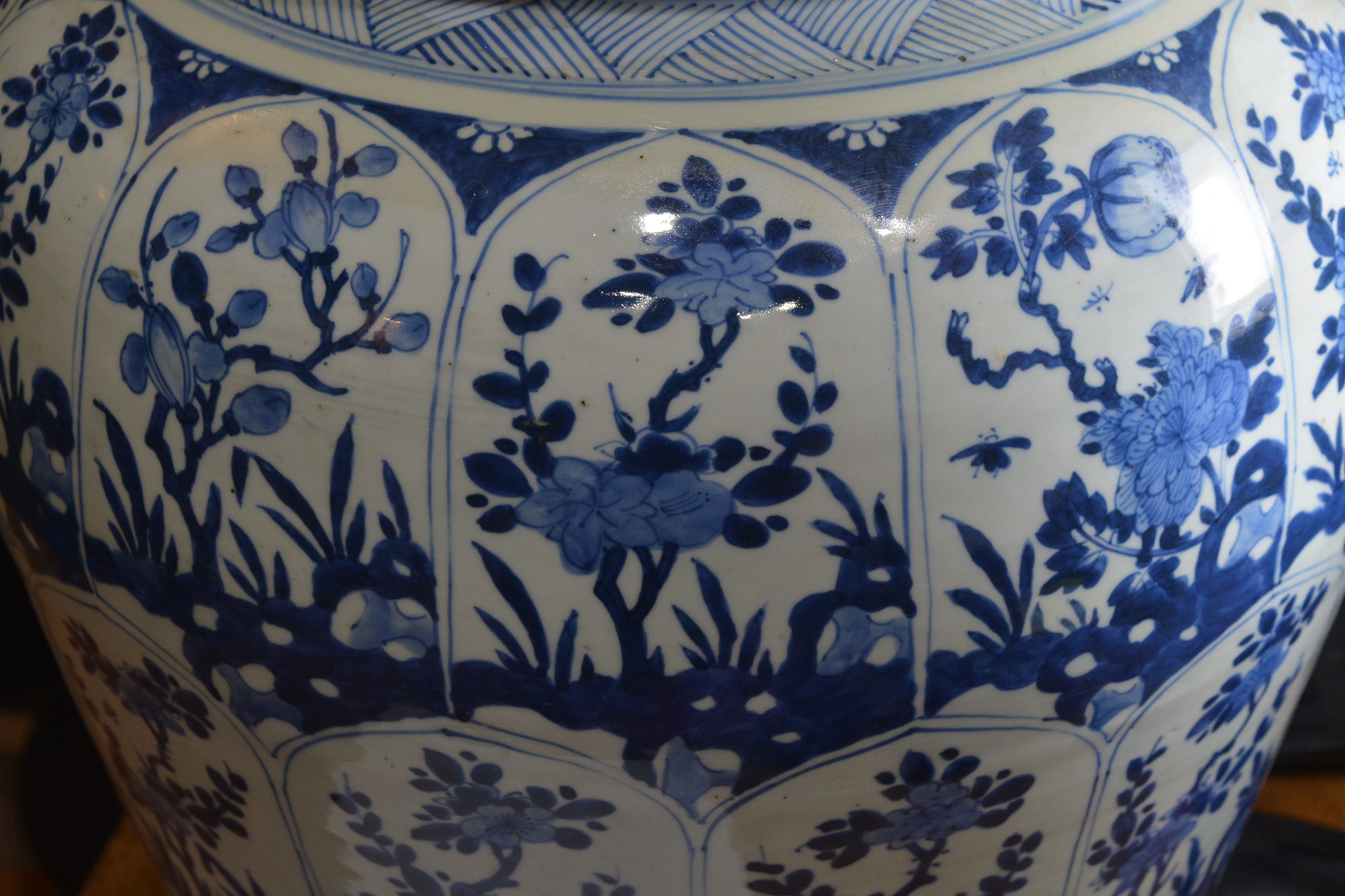 Blue and white jar and cover Chinese, Kangxi with all-over panels of flowers, within a chevron and - Image 17 of 23