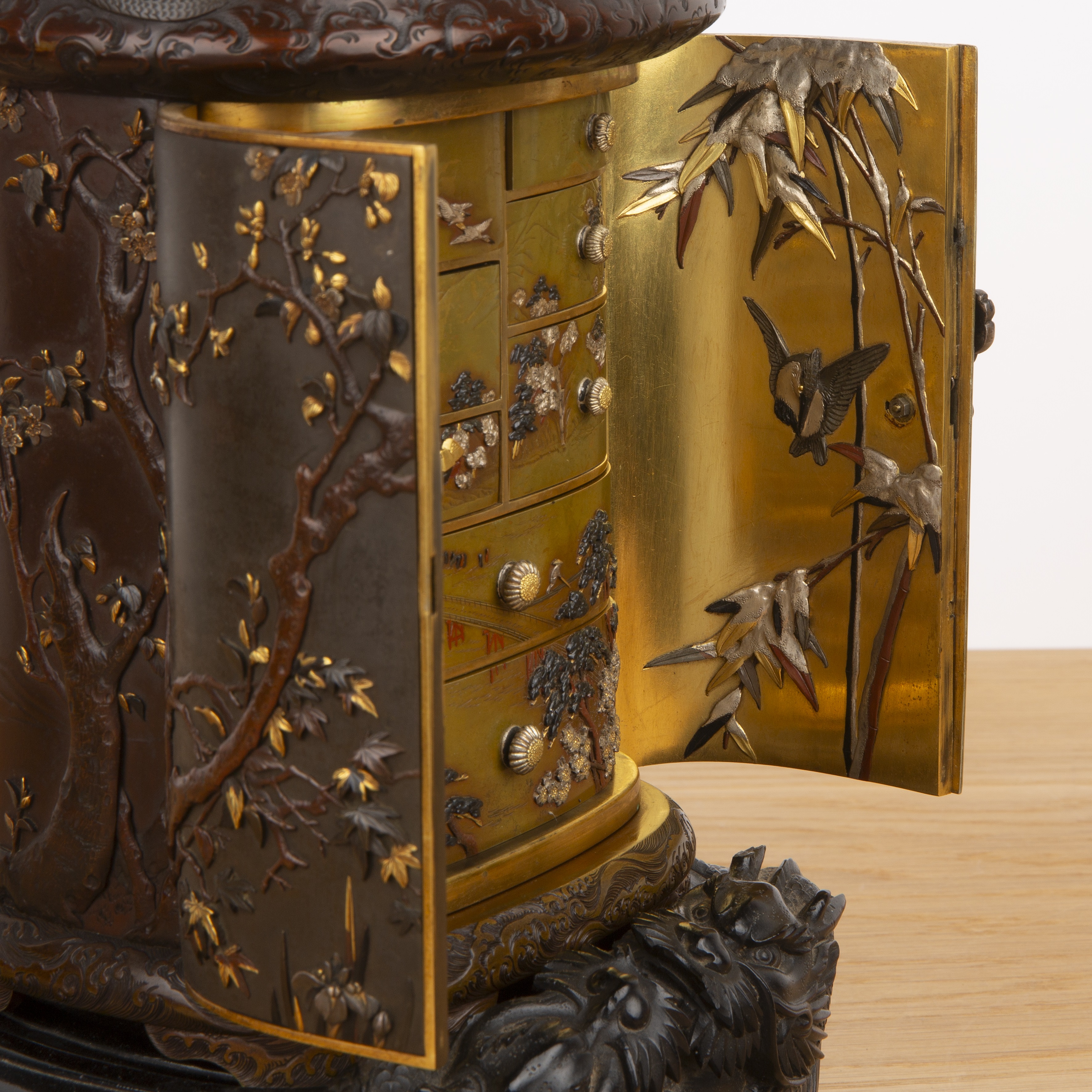 Metal and shakudo Kodansu cabinet on a dragon carved hardwood base Japanese, Meiji period in the - Image 5 of 61