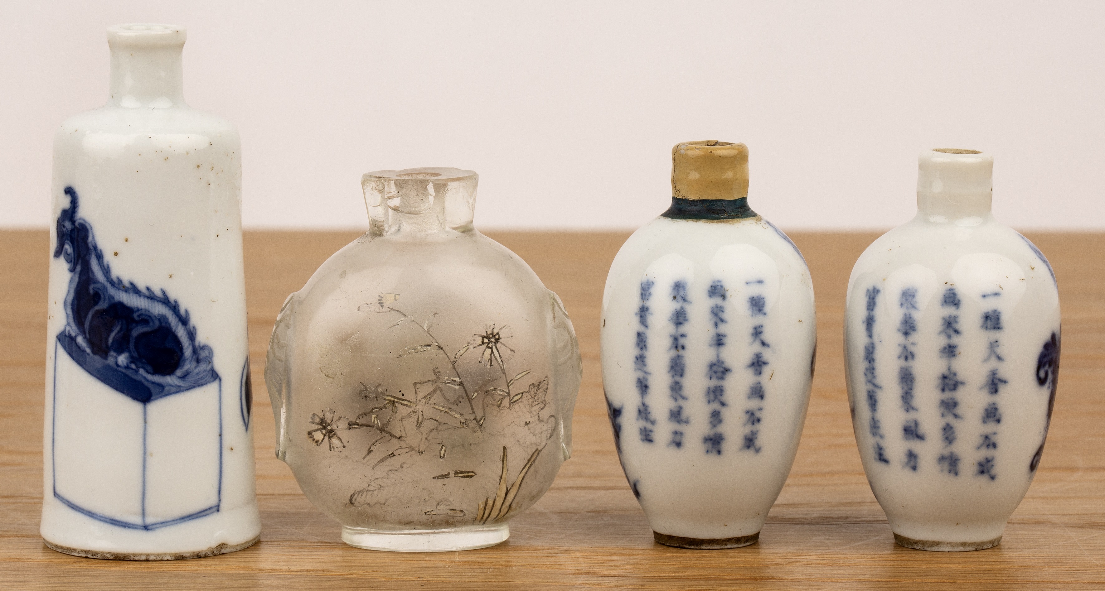 Collection of snuff bottles and ceramics Chinese, 19th Century comprising: a pair of blue and - Image 4 of 6