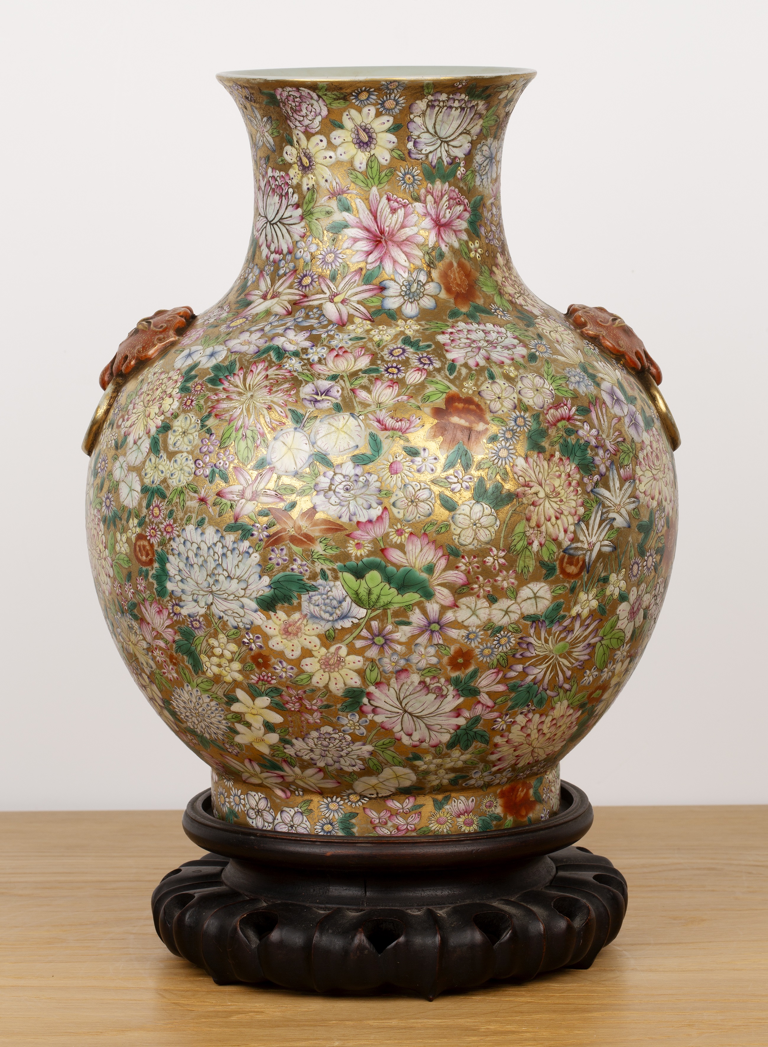 Millefleur porcelain vase and stand Chinese, circa 1900 with raised ruyi and ring handles. The - Image 3 of 10