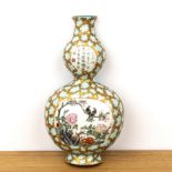 Wall pocket famille rose vase Chinese, 1930's painted with one oval panel of birds and peonies and