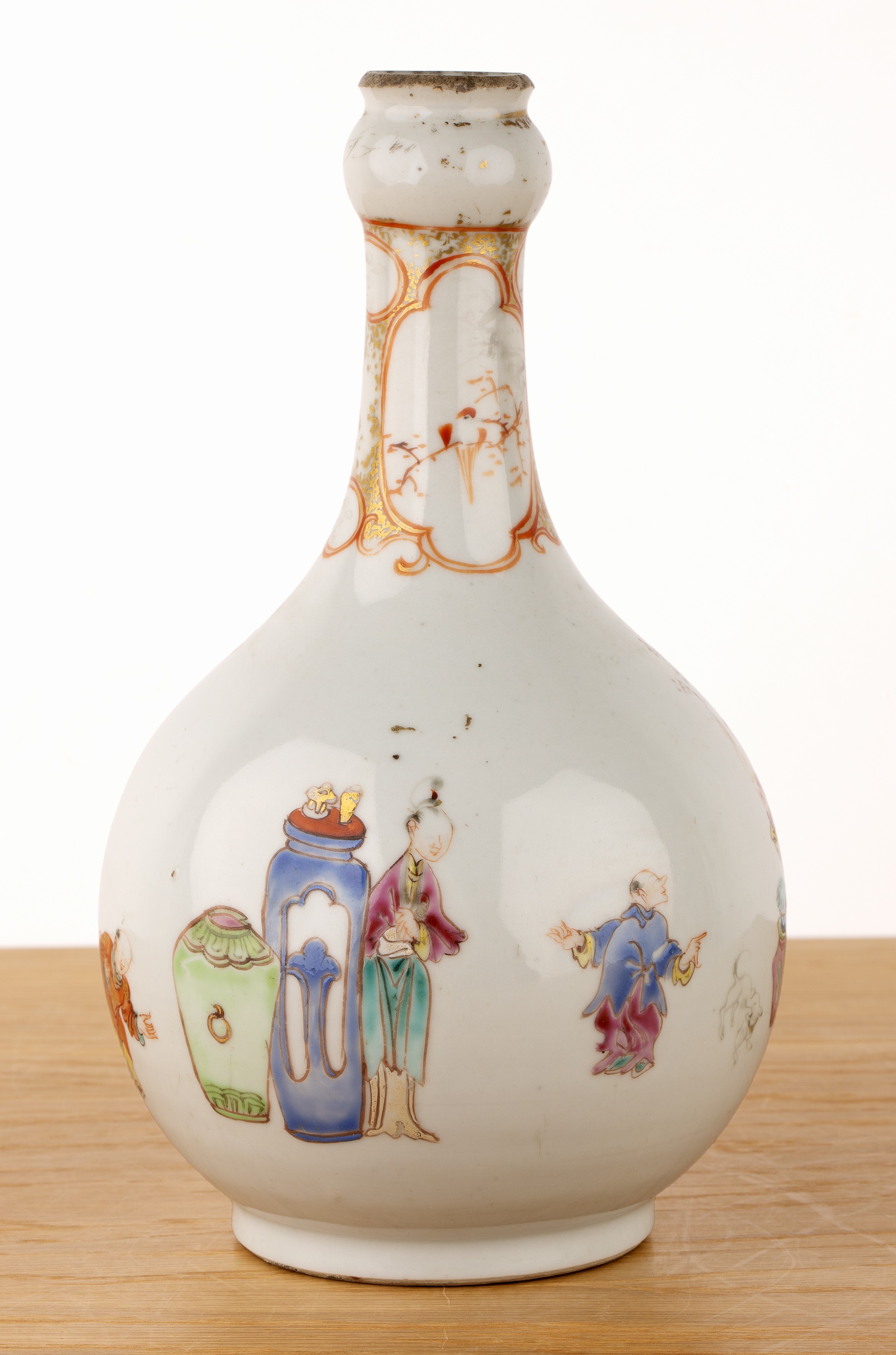 Famille rose porcelain guglet vase Chinese, late 18th Century painted with figures and a dog in an - Image 2 of 5