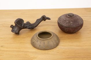 Three scholars pieces Chinese, 19th/20th Century including a Yixing brush rest with a cricket