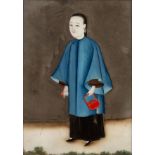 Reverse glass study Chinese, 19th Century depicting a girl wearing a long blue coat, and holding a