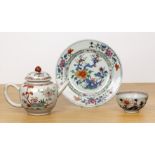 Group of three pieces of famille rose porcelain Chinese, 18th Century including an ovoid teapot,