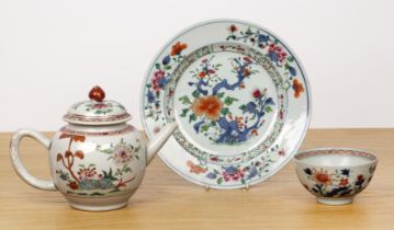 Group of three pieces of famille rose porcelain Chinese, 18th Century including an ovoid teapot,