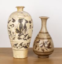 Two Cizhou vases Chinese one of Meiping form with simple foliate decoration and the other with