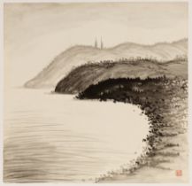 Chiang Yee (Chinese, 1903-1977) ink and wash study of coast with hills, with red seal to the lower