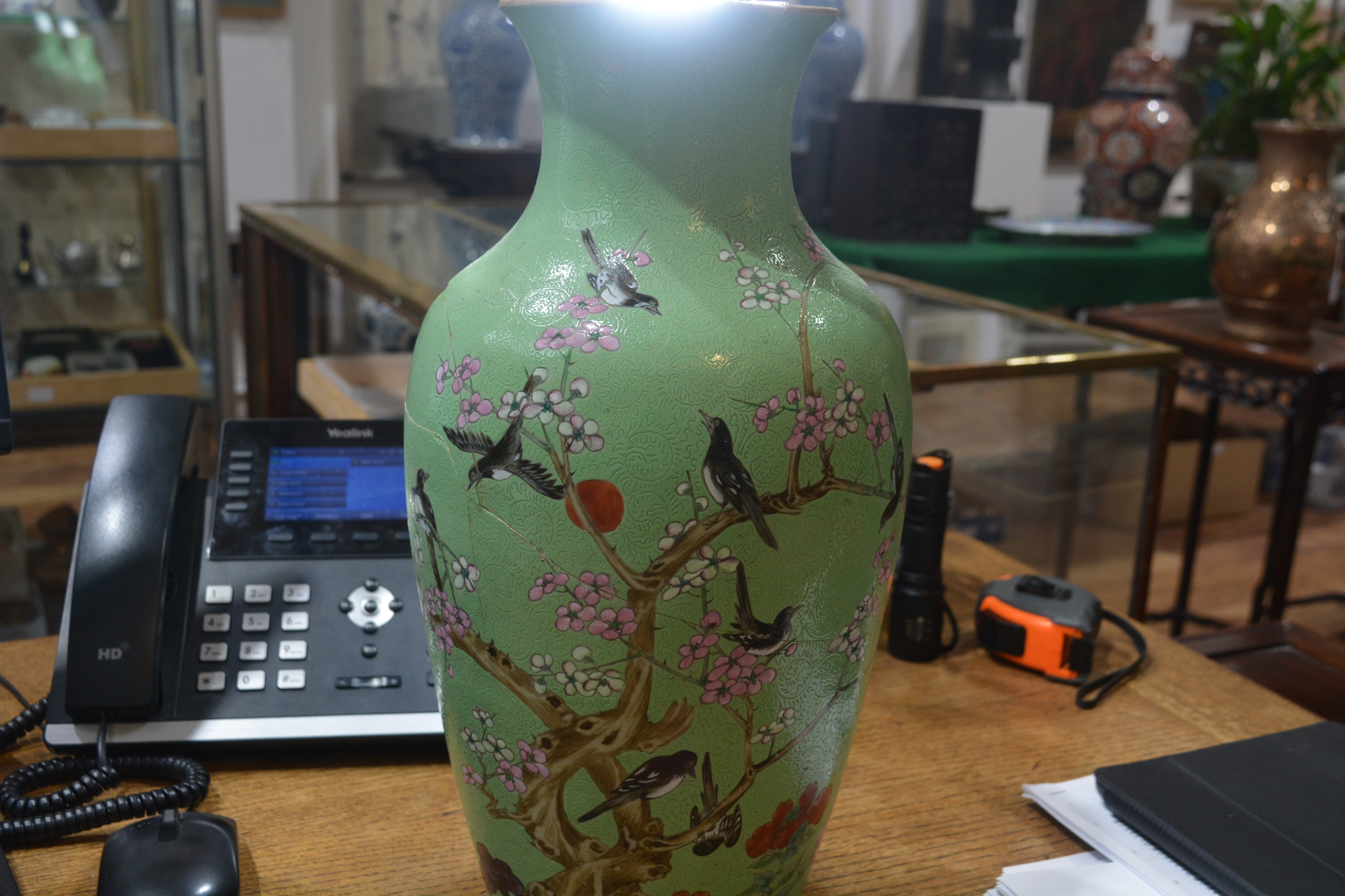 Green and enamel vase Chinese, 19th Century painted with birds and blossom on a an incised ground, - Image 21 of 23