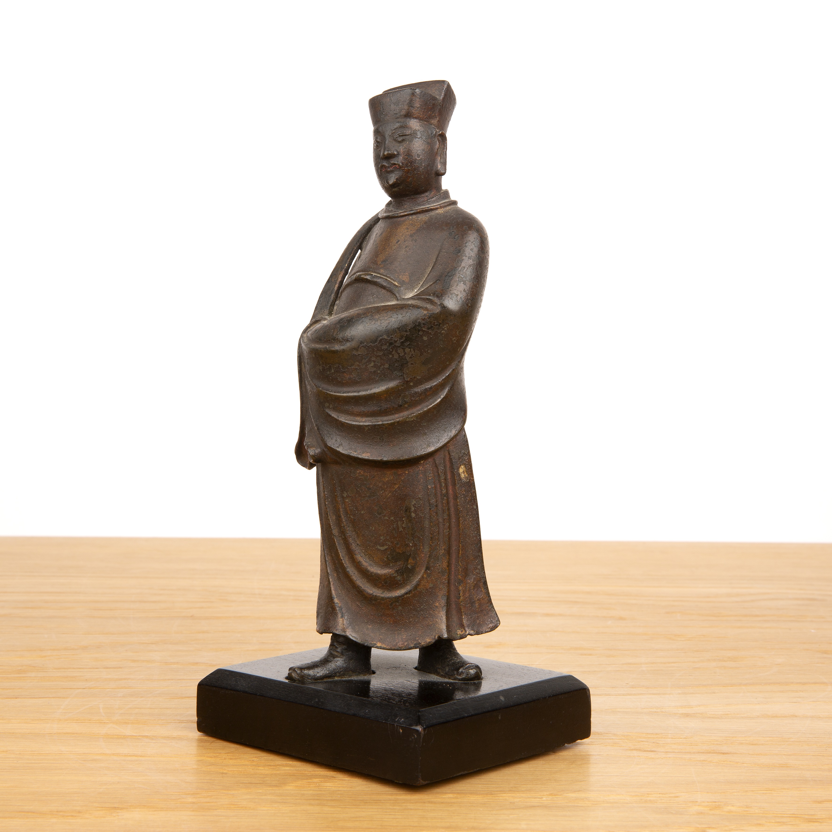 Bronze composite-filled standing guardian figure on a wood stand Chinese, late Ming the standing - Image 3 of 10