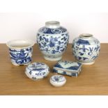 Group of blue and white porcelain Chinese, Ming and later including two jars, 18cm and 14cm, two ink