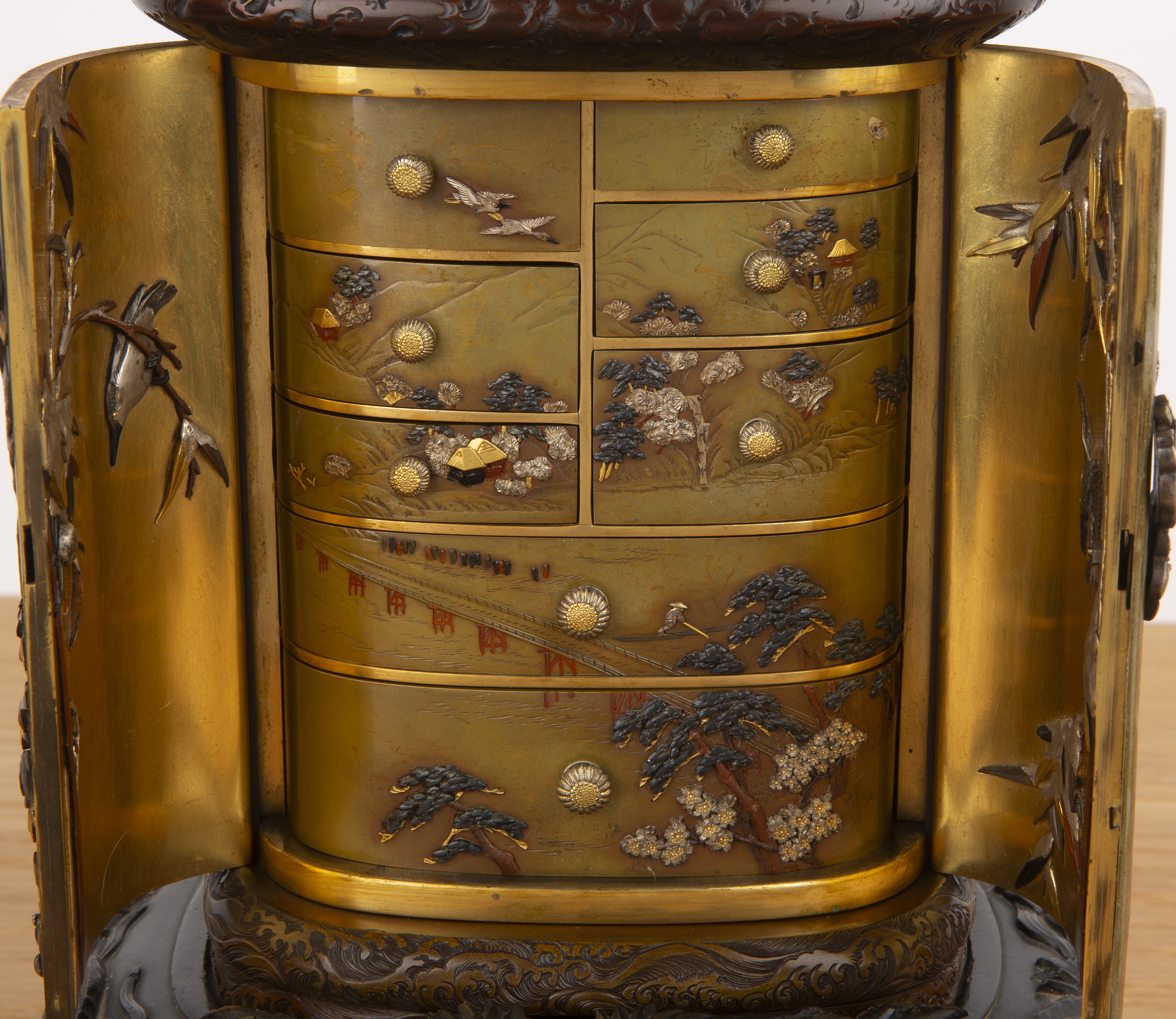 Metal and shakudo Kodansu cabinet on a dragon carved hardwood base Japanese, Meiji period in the - Image 8 of 61
