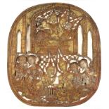 Leather painted panel Javanese of oval form with a central seated Bodhissatva and acolytes, 82cm x