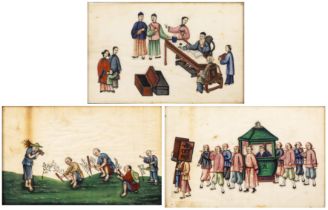 Three pith or rice paper paintings to include a procession scene, a harvest scene and a court scene,