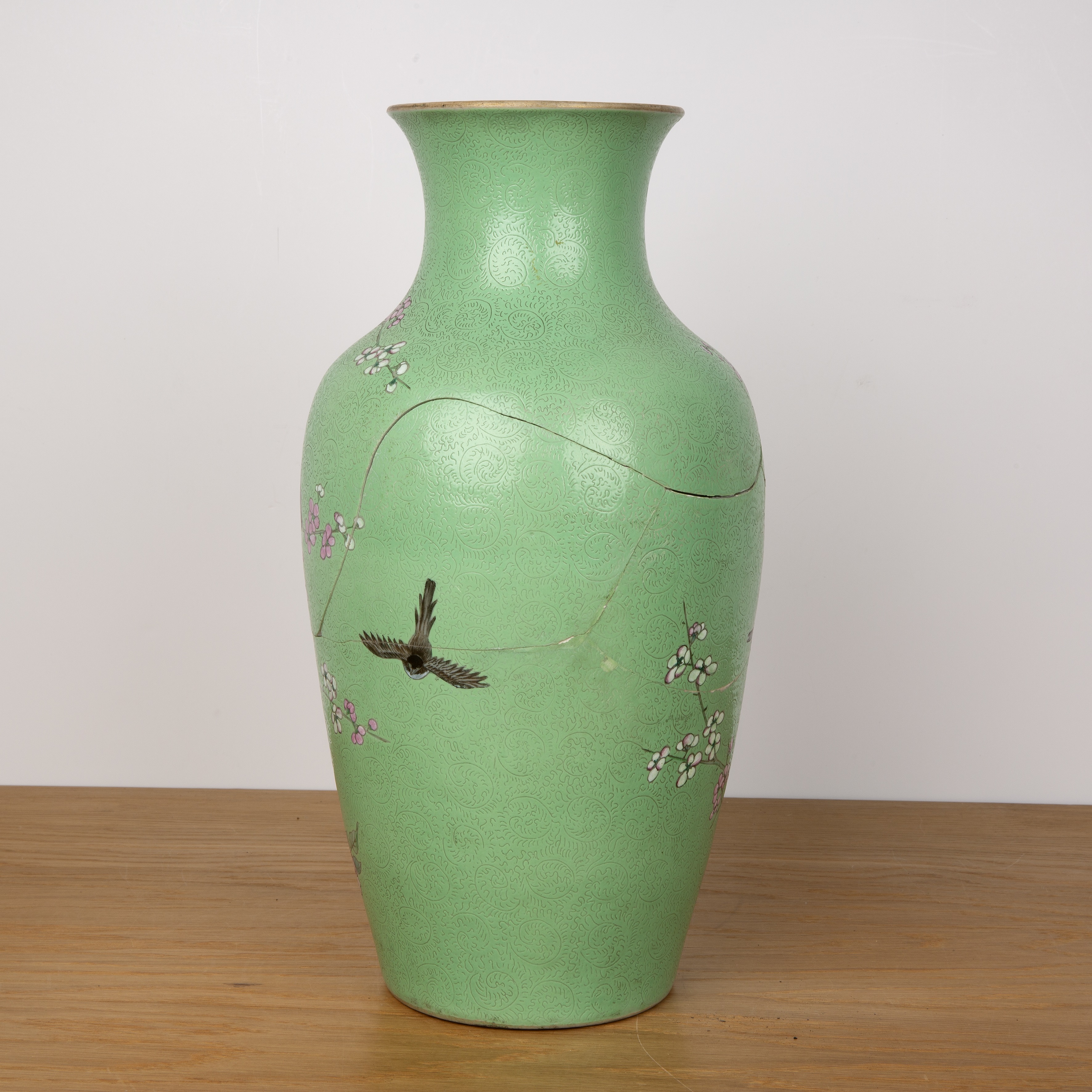 Green and enamel vase Chinese, 19th Century painted with birds and blossom on a an incised ground, - Image 2 of 23