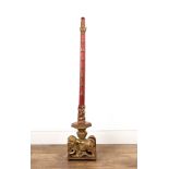 Red and giltwood flag holder chinese with a tapering column with seven characters, on a kylin