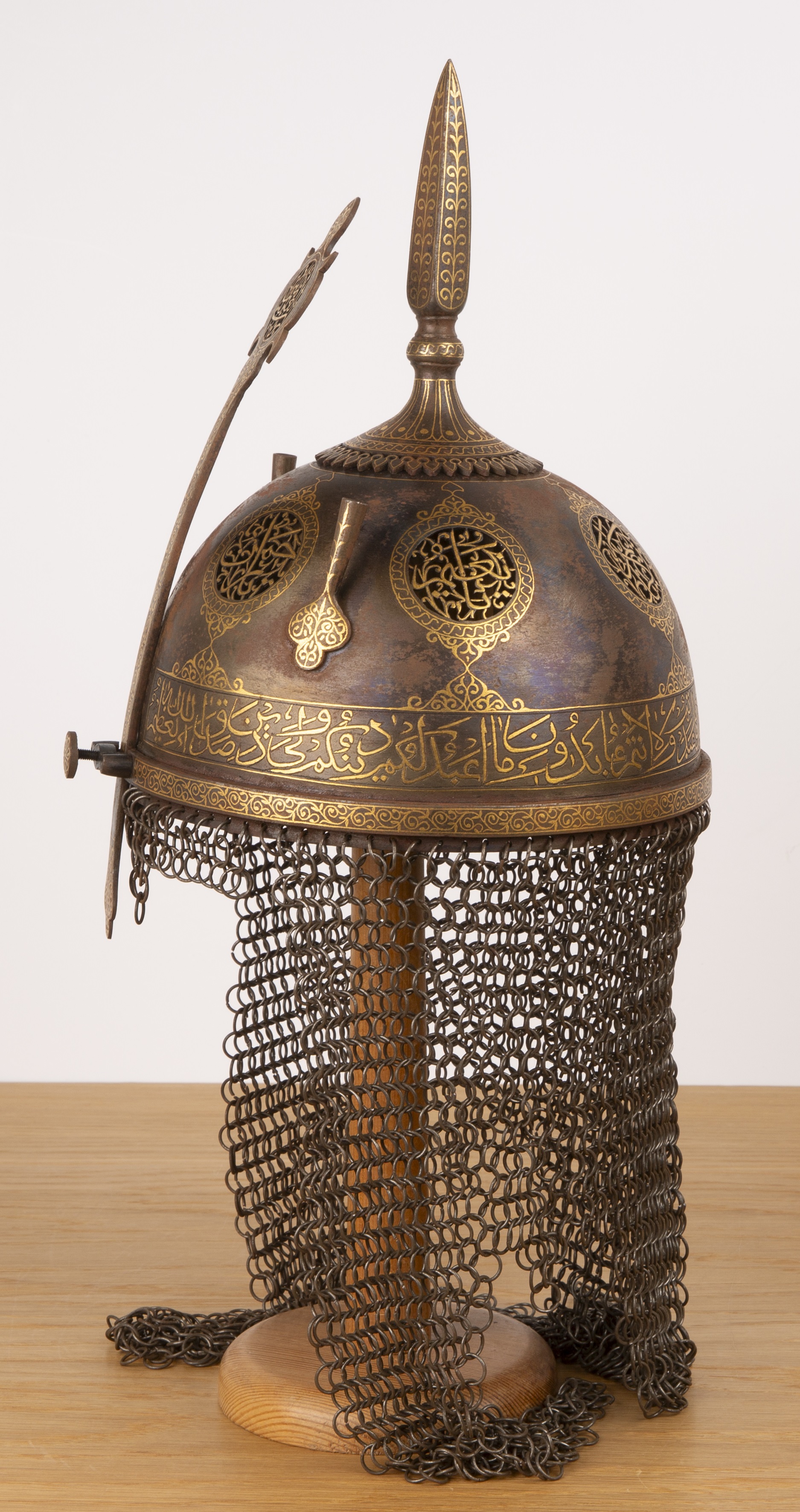 Four-piece revival armour set Indo-Persian chiselled steel with gold metal inlay, to include an axe, - Image 5 of 7