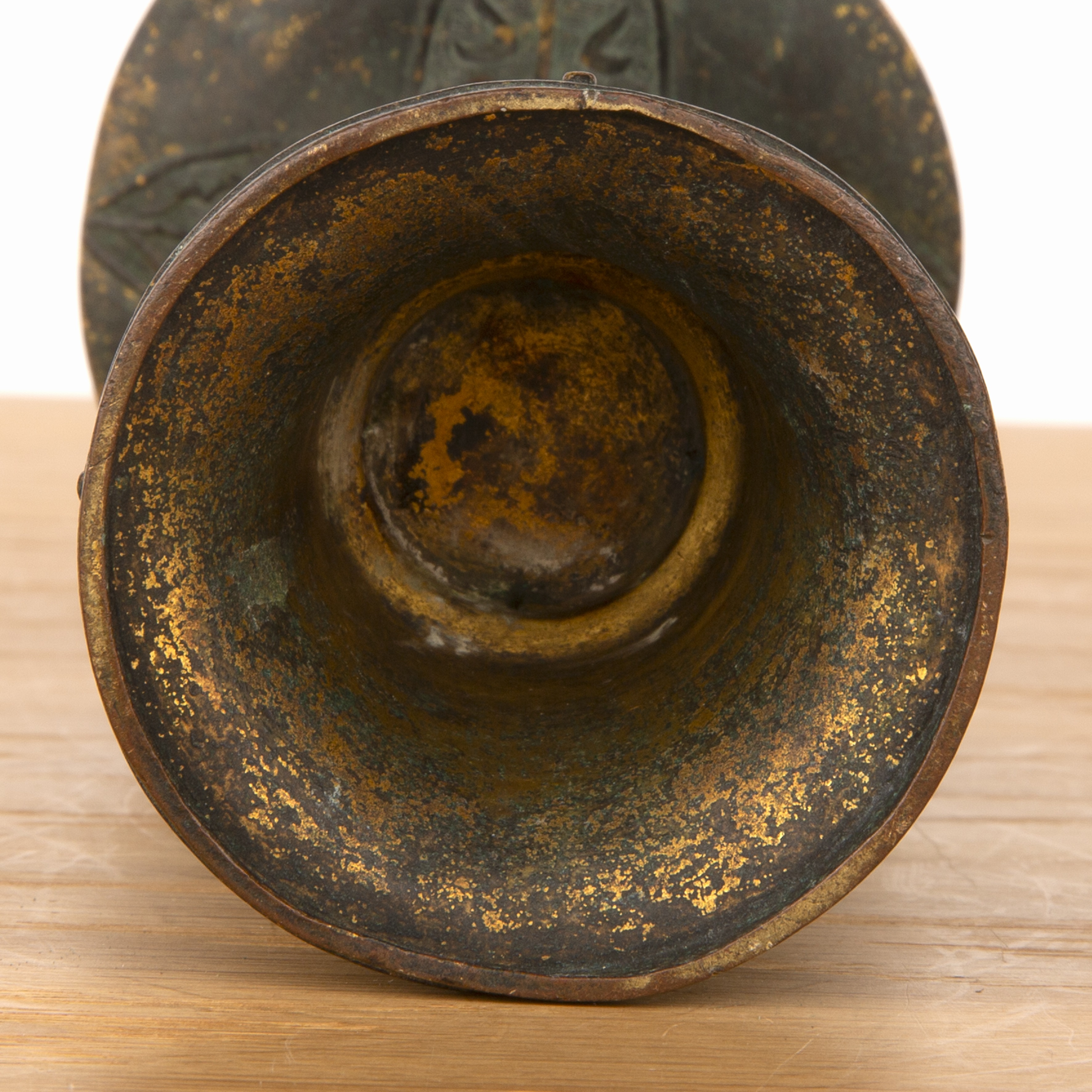 Gilt copper archaic form Gu form vessel Chinese, 17th/18th Century with taotie raised decoration, - Image 3 of 4