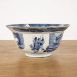 Blue and white bowl Chinese, Kangxi period painted with a monk to the centre and further figures