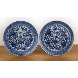 Pair of blue and white porcelain plates Chinese, 19th Century painted with dragons, amongst lotus