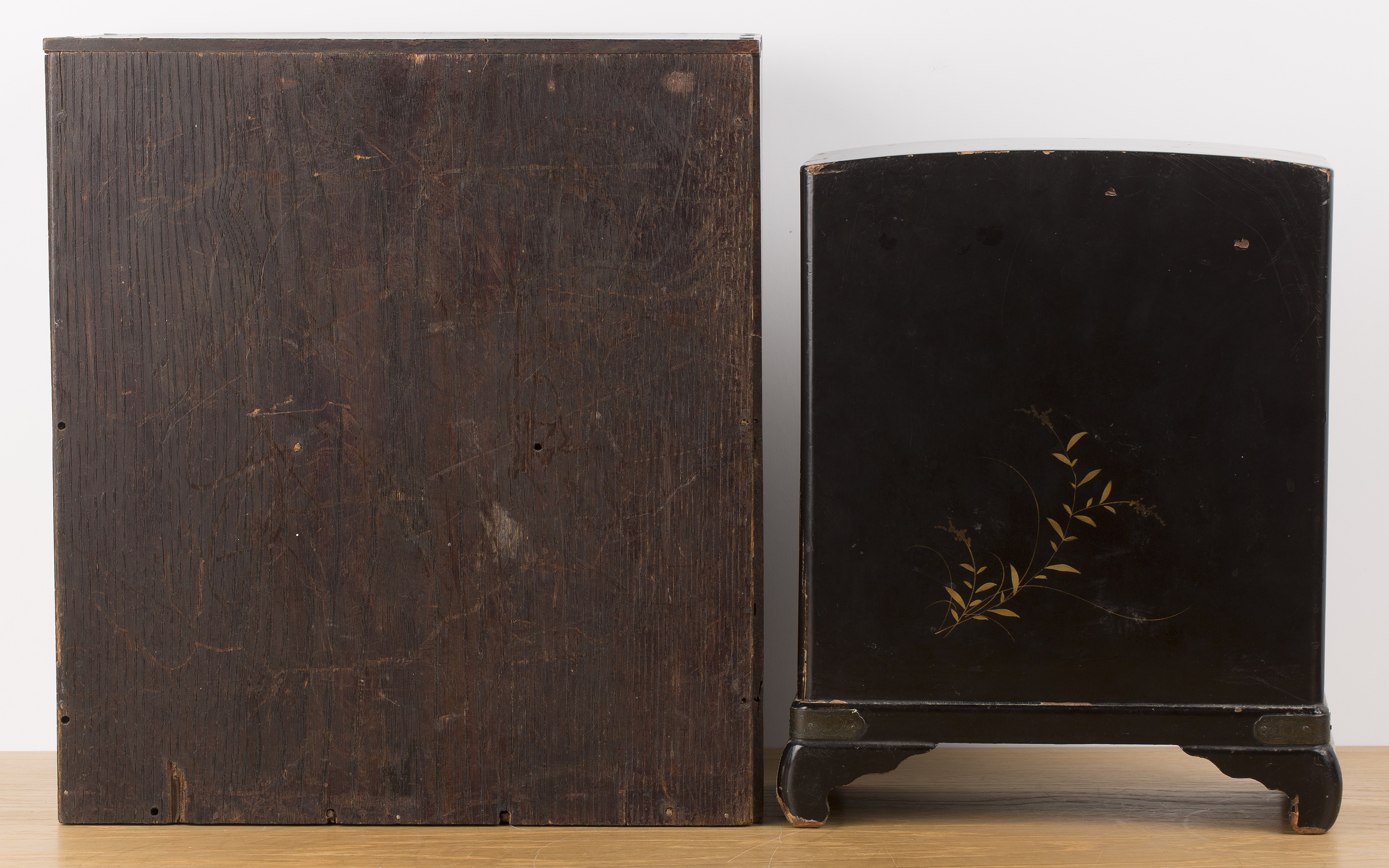 Two table cabinets Japanese, circa 1900 one lacquered, 21cm wide x 27.5cm high and a burr wood - Image 4 of 4