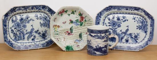 Group of four pieces Chinese including a pair of blue and white porcelain dishes, 31cm wide, an