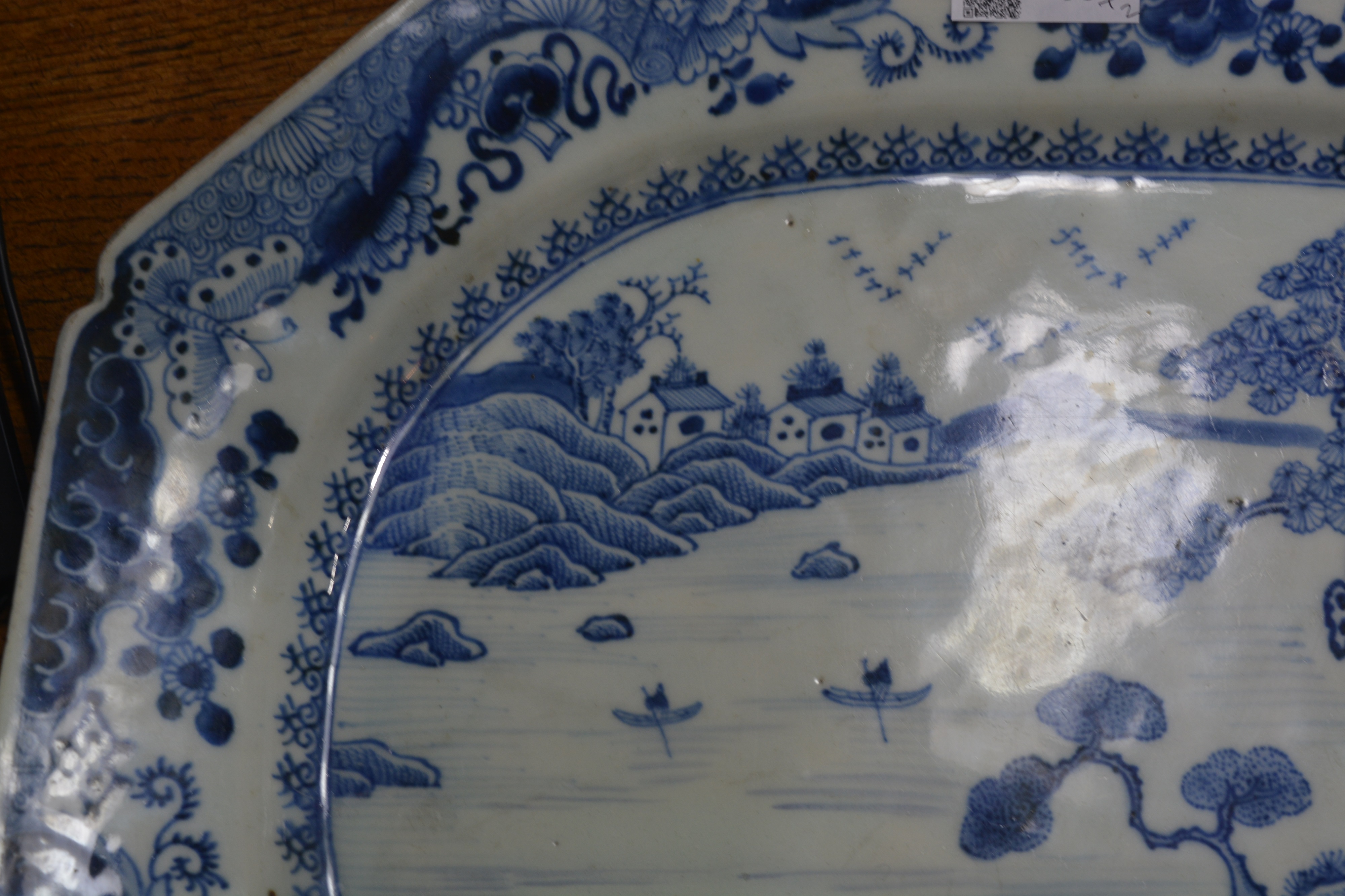 Two export blue and white porcelain meat dishes Chinese, circa 1800 one with a landscape scene of - Image 6 of 17