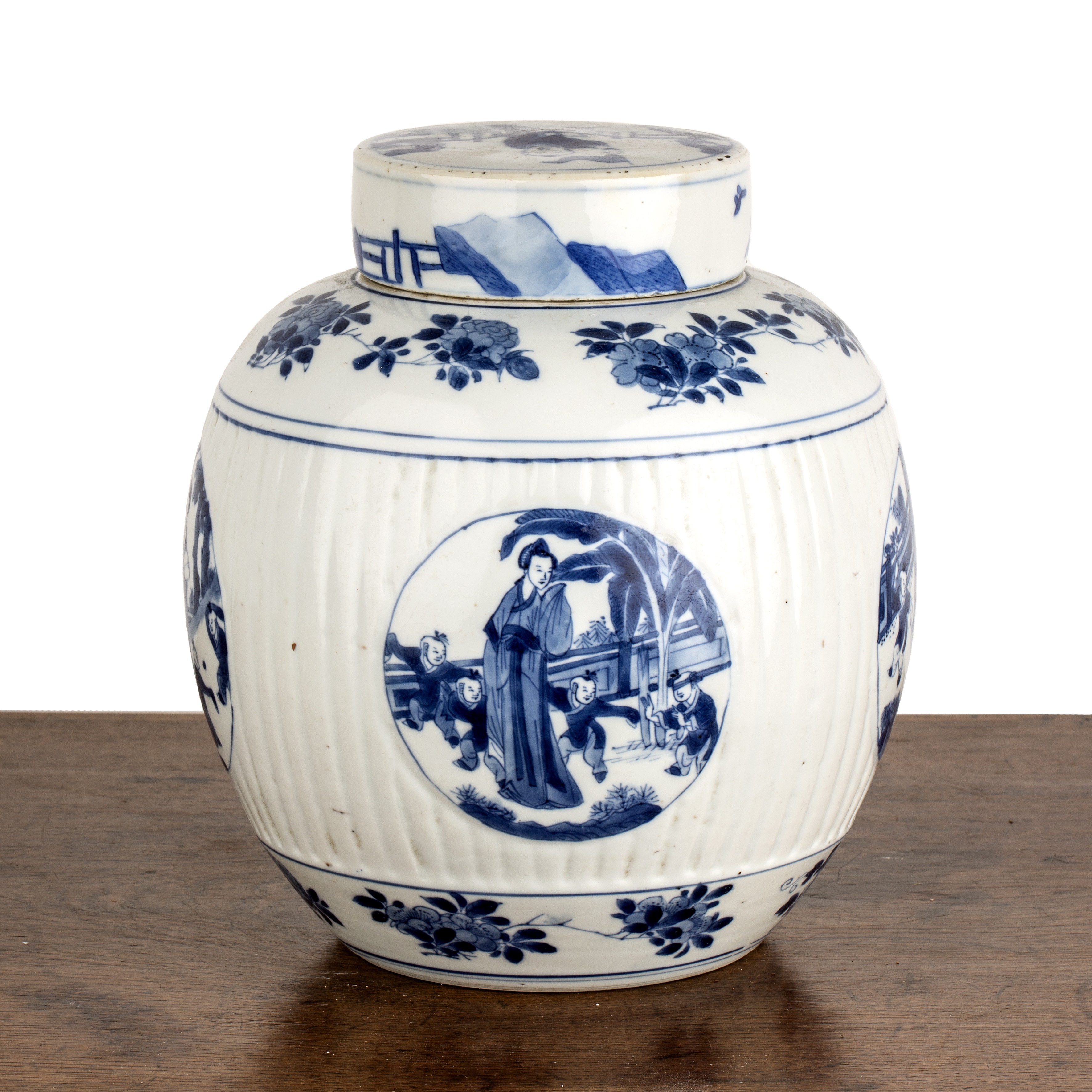 Blue and white porcelain ovoid jar and cover Chinese, Kangxi painted with four panels of children - Image 2 of 15