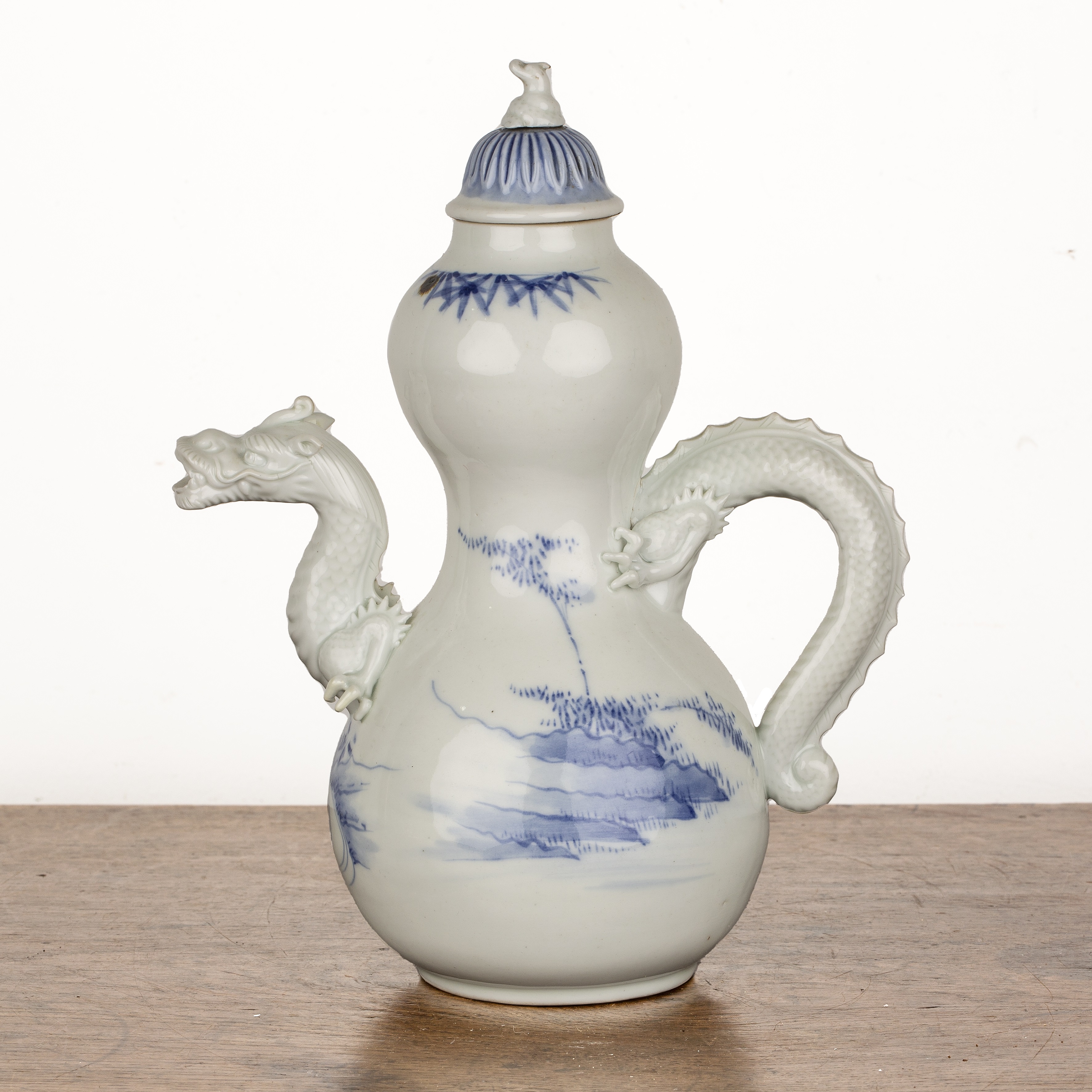 Blue and white porcelain double gourd teapot Japanese, 19th Century with a dragon handle and - Image 2 of 4