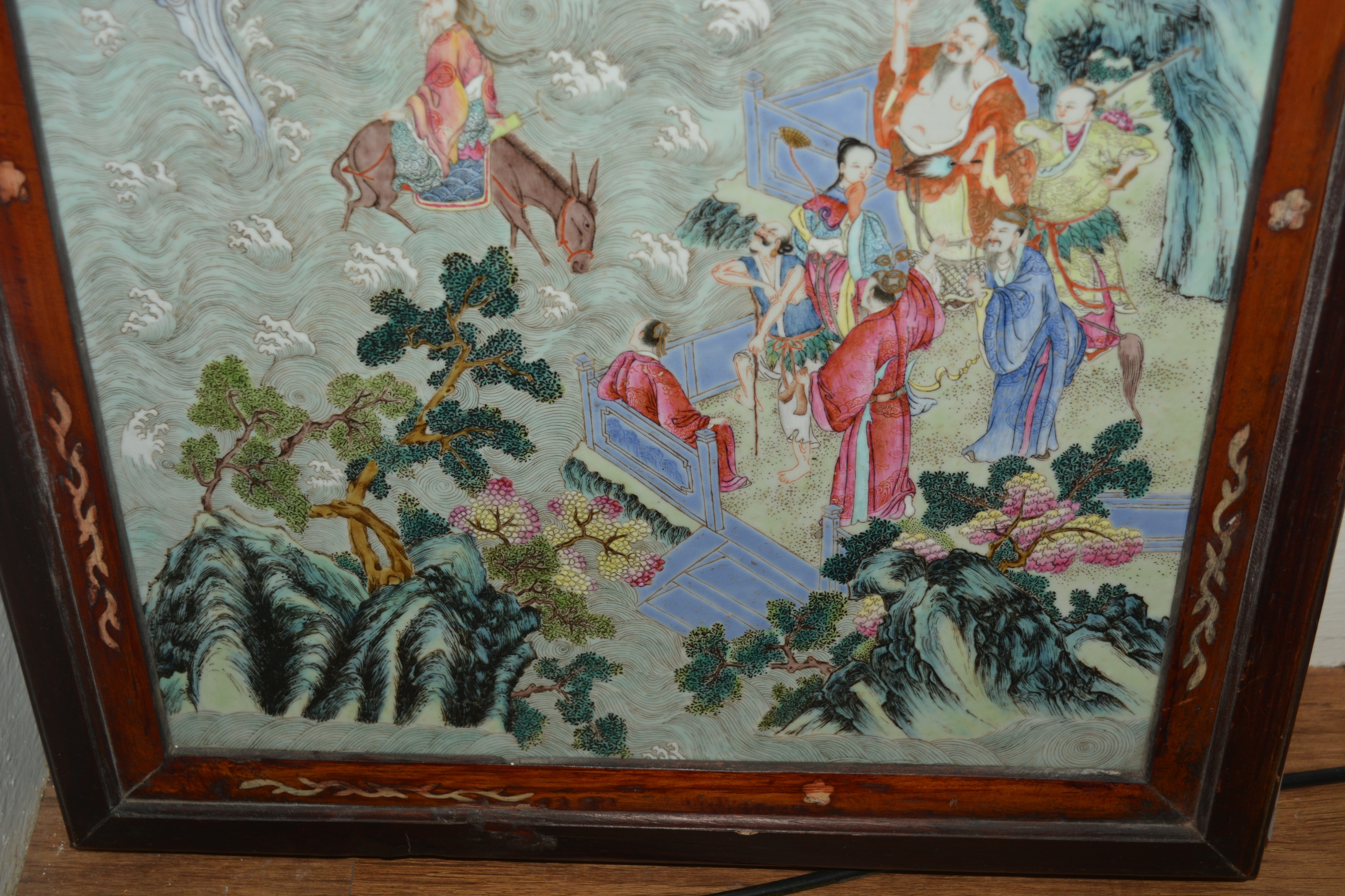 Famille verte panel Chinese, late 19th/20th century with a painted mythical scene from legend, - Image 8 of 10