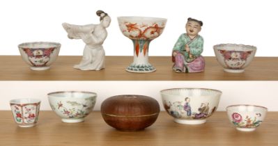 Group of porcelain pieces Chinese to include a stem cup, painted in iron red and green, with a