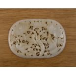 Oval jade plaque Chinese carved with herons and lotus flowers, 14cm x 10cm With some wear,
