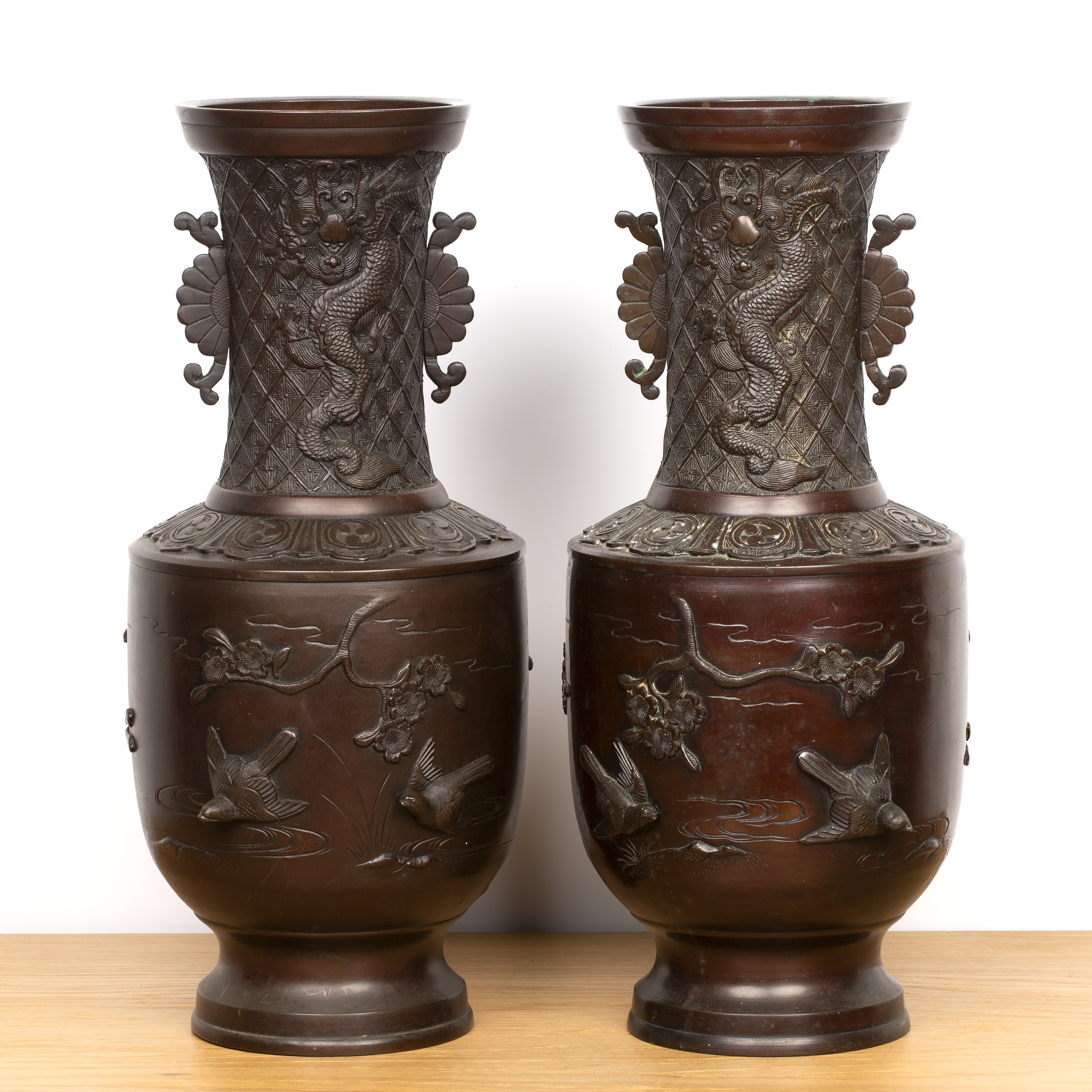 Pair of bronze vases Japanese, late 19th Century decorated with birds and mons motifs, with an - Image 2 of 7