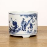 Blue and white brush pot Chinese, 19th/20th Century painted with scholars in a garden setting, on
