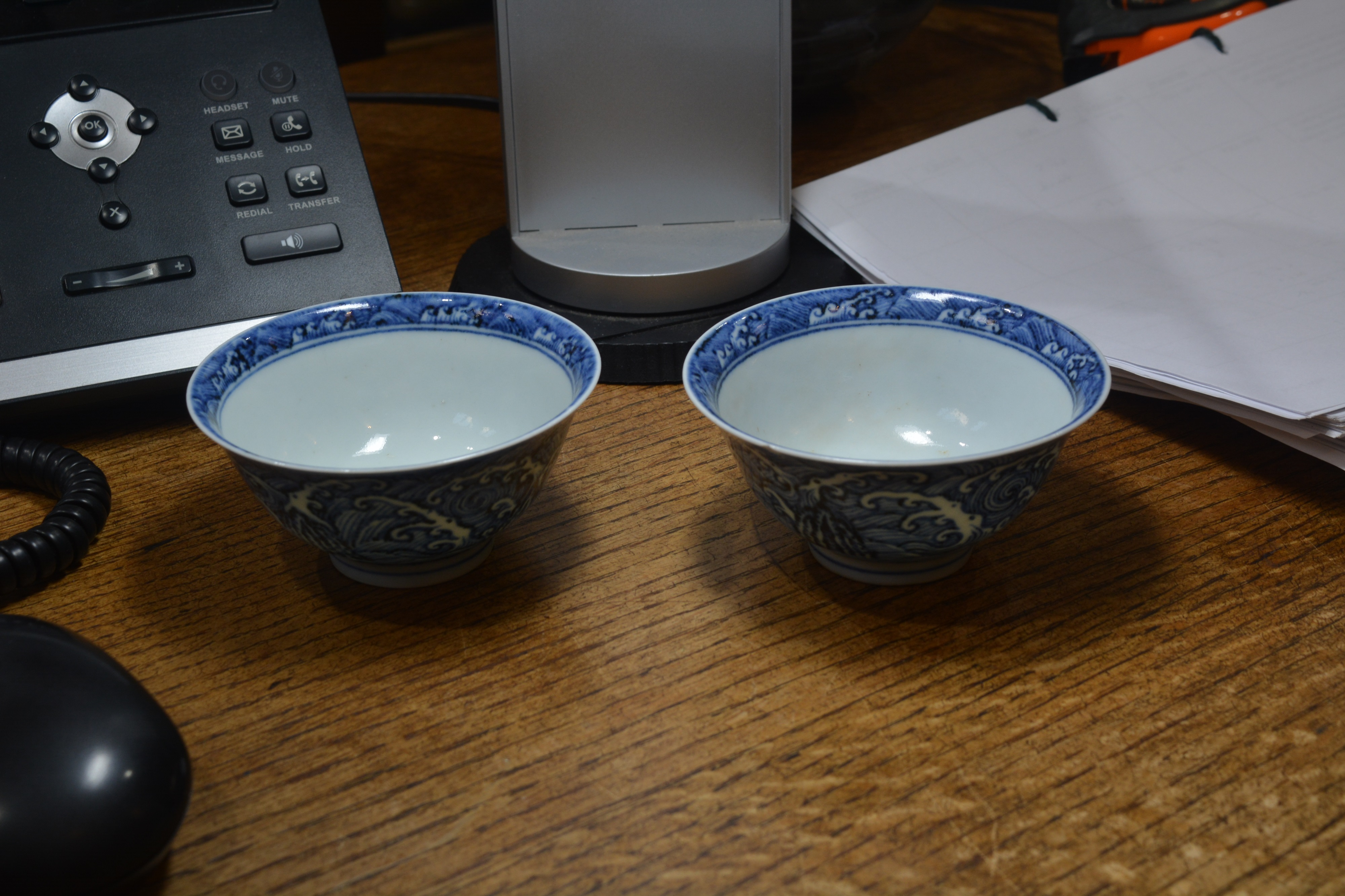Pair of blue wave pattern bowls Chinese, 19th Century each on a raised foot with a single band, 10cm - Image 7 of 8