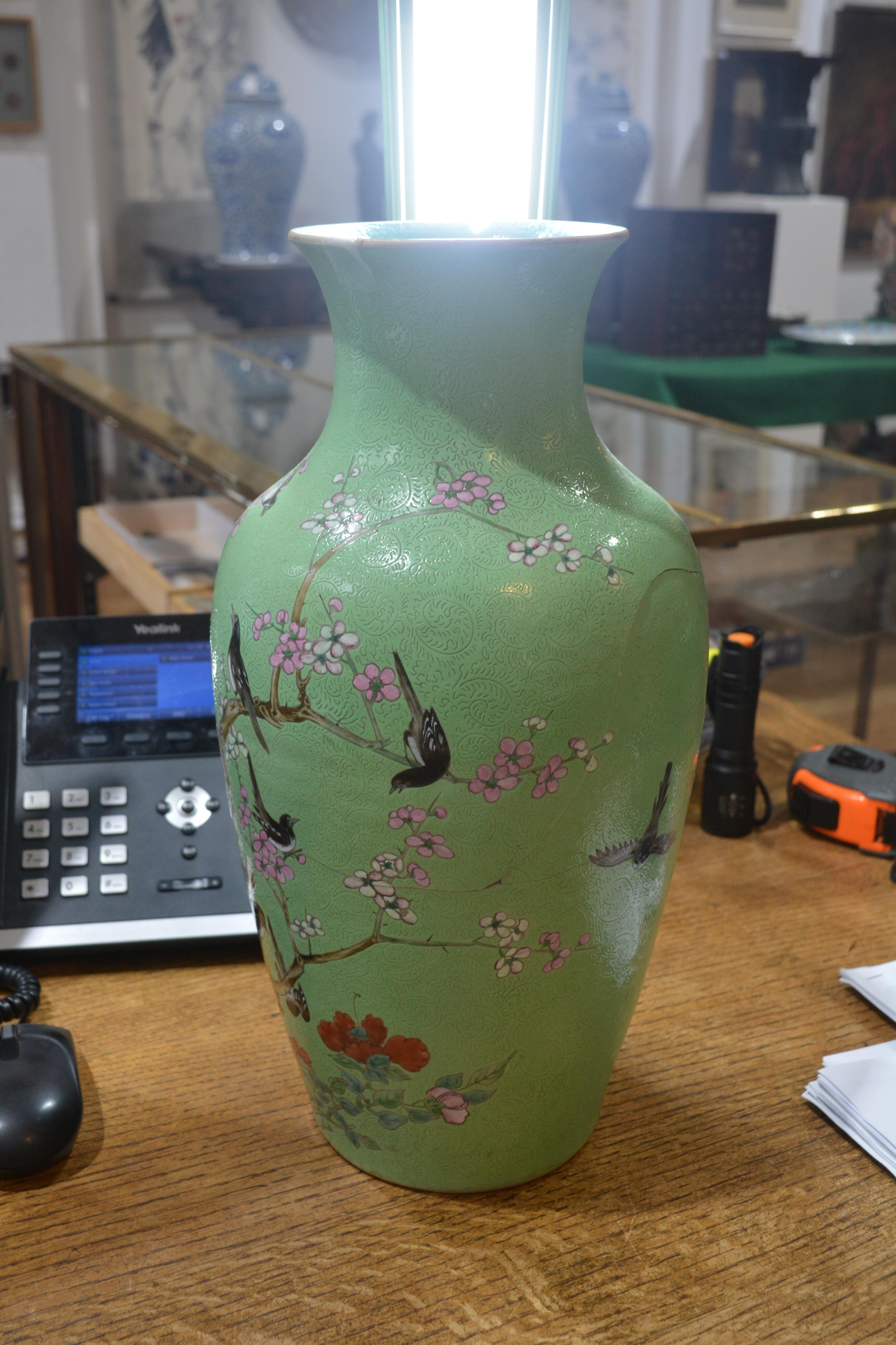 Green and enamel vase Chinese, 19th Century painted with birds and blossom on a an incised ground, - Image 12 of 23