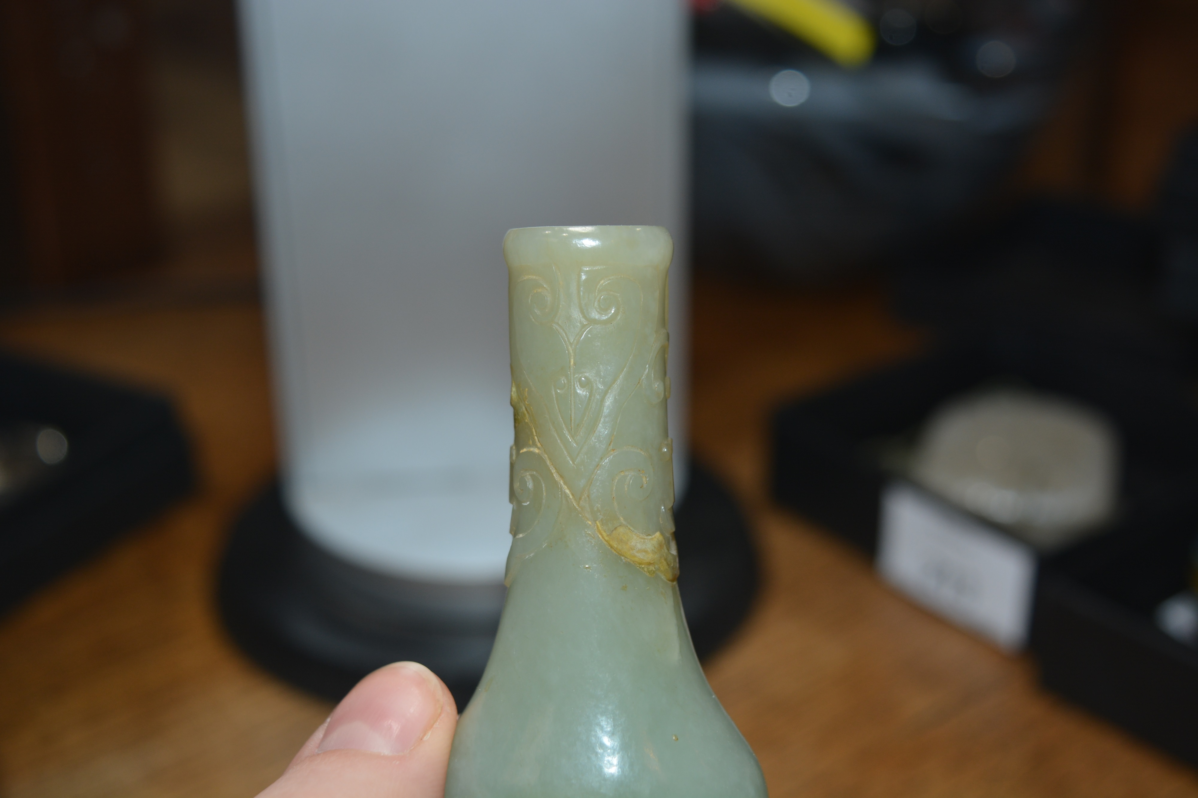 Small jade miniature vase on a wood stand Chinese, 18th/19th Century carved with flowers and - Image 6 of 10