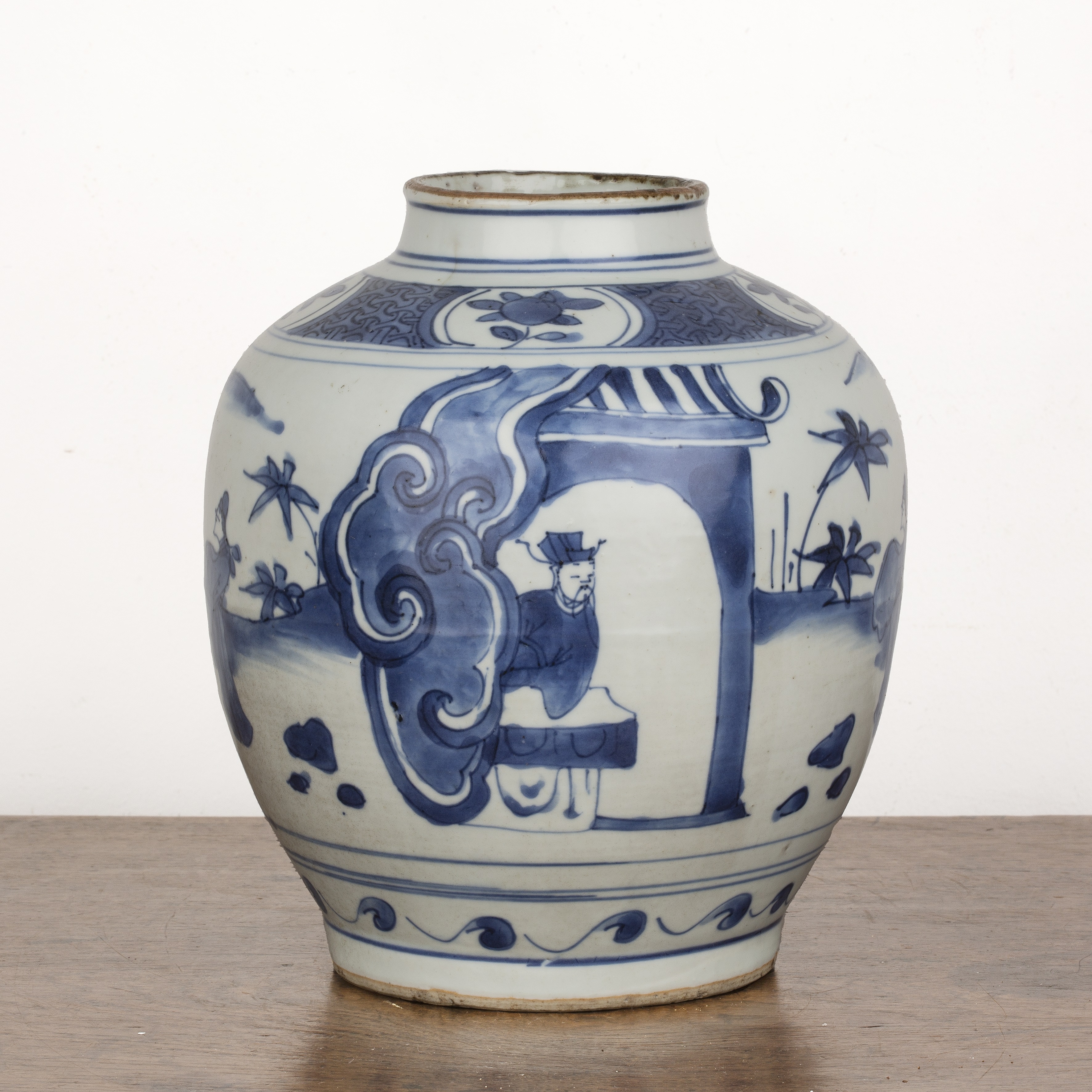 Blue and white porcelain jar Chinese, Ming Wanli period painted with a pavilion, garden and figures, - Image 3 of 5