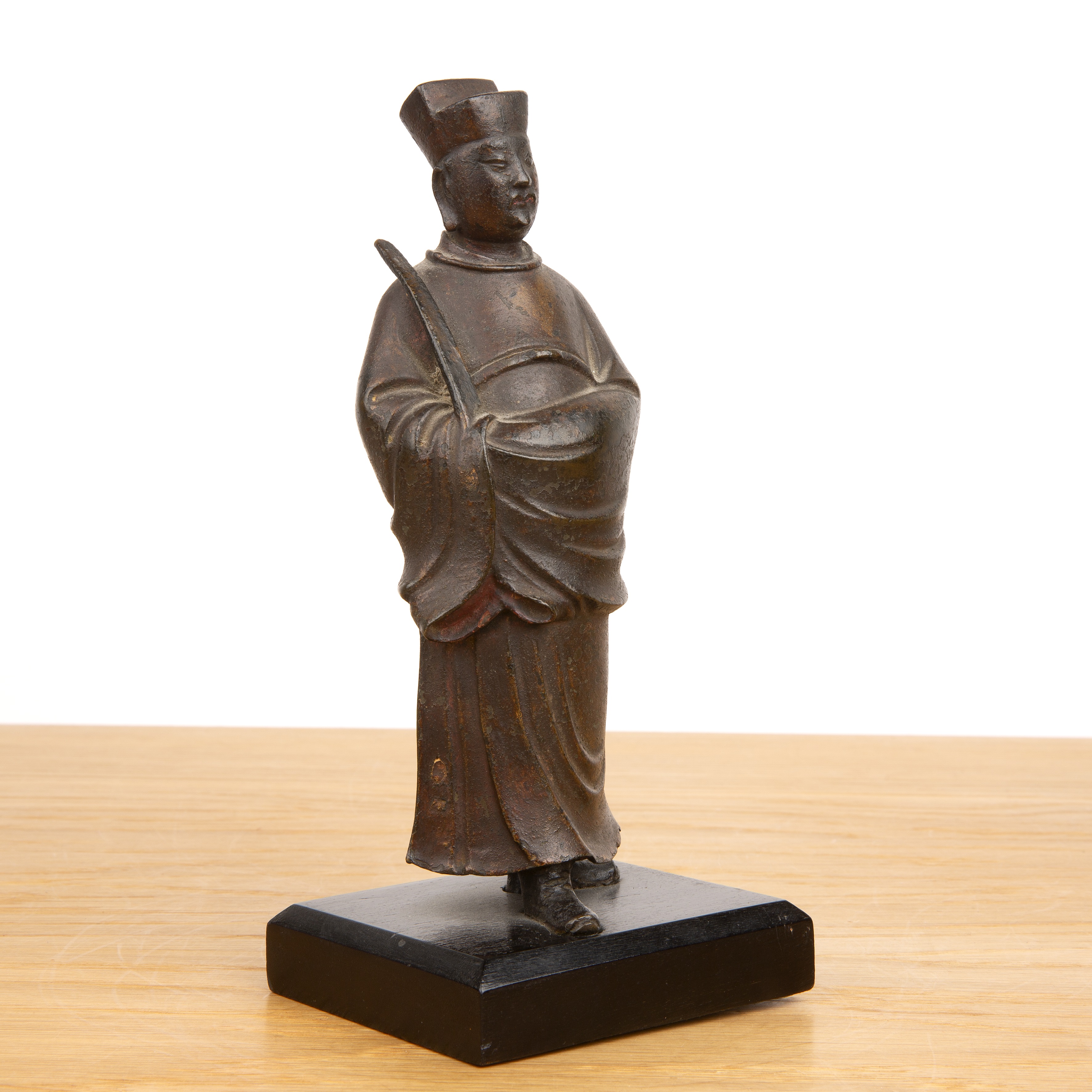 Bronze composite-filled standing guardian figure on a wood stand Chinese, late Ming the standing - Image 2 of 10