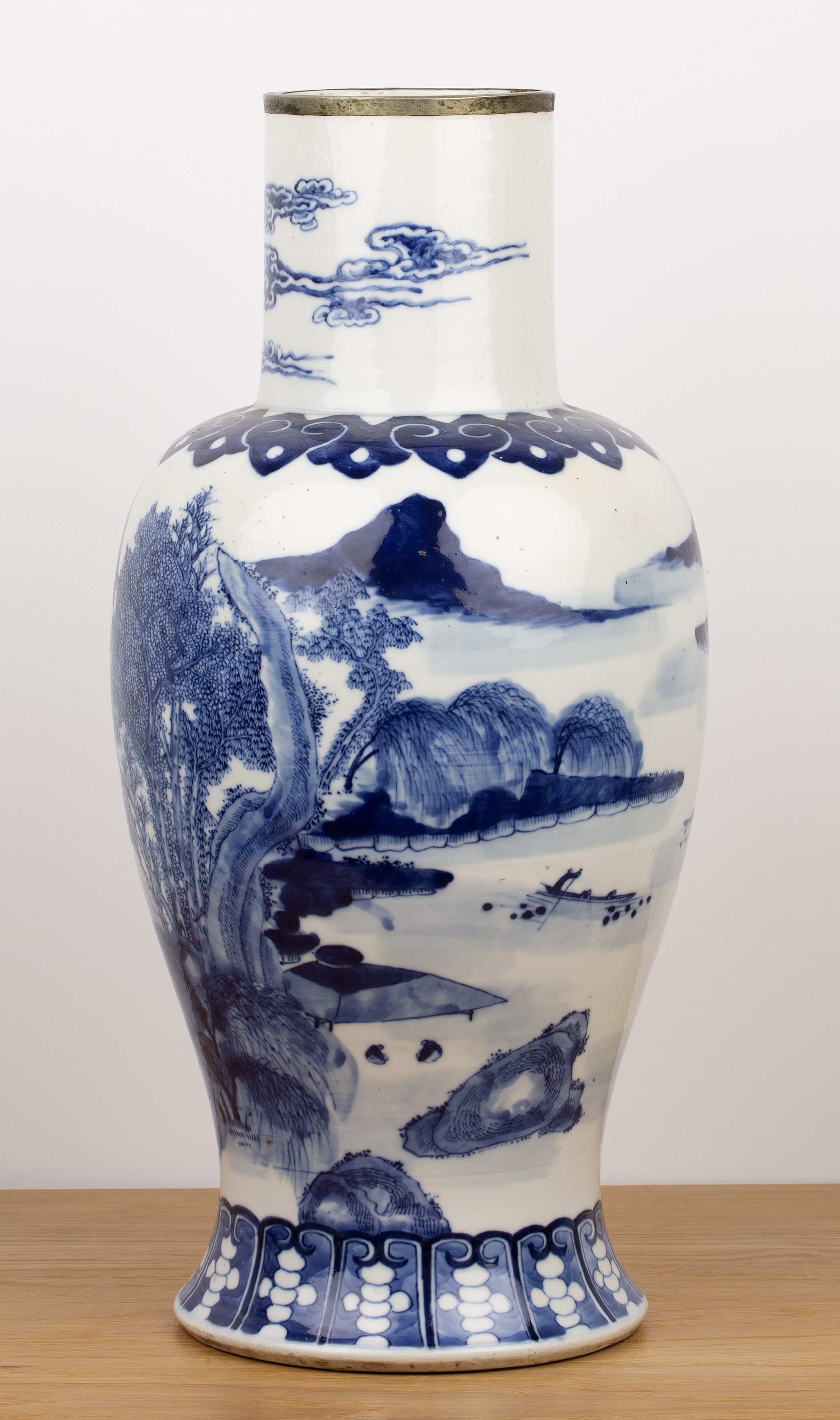 Blue and white vase Chinese, 19th Century with an extensive mountain and lake landscape, within a - Image 2 of 7