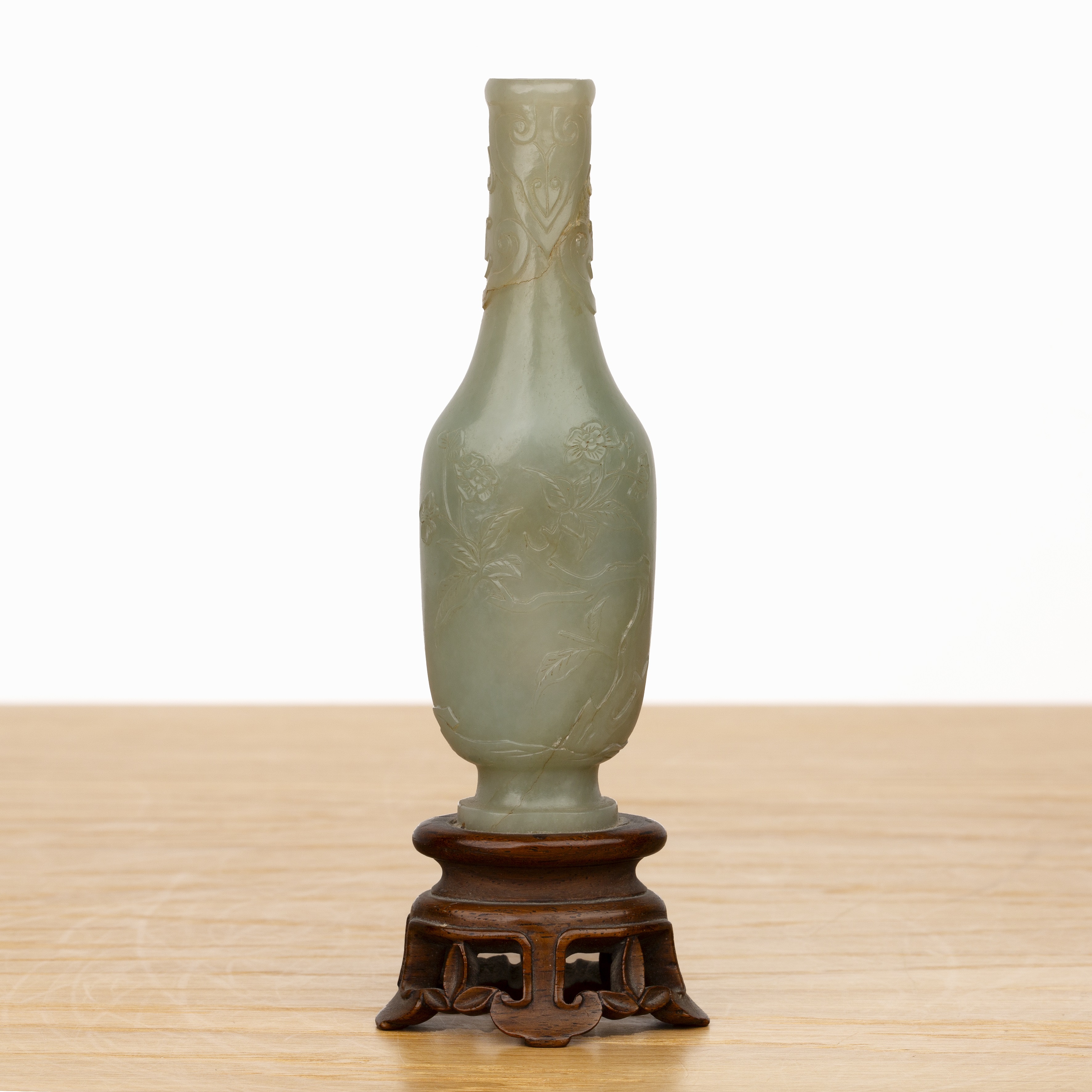 Small jade miniature vase on a wood stand Chinese, 18th/19th Century carved with flowers and - Image 2 of 10