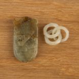 Carved jade cicada and three jade interlocked rings Chinese, Han dynasty and later cicada is 5cm