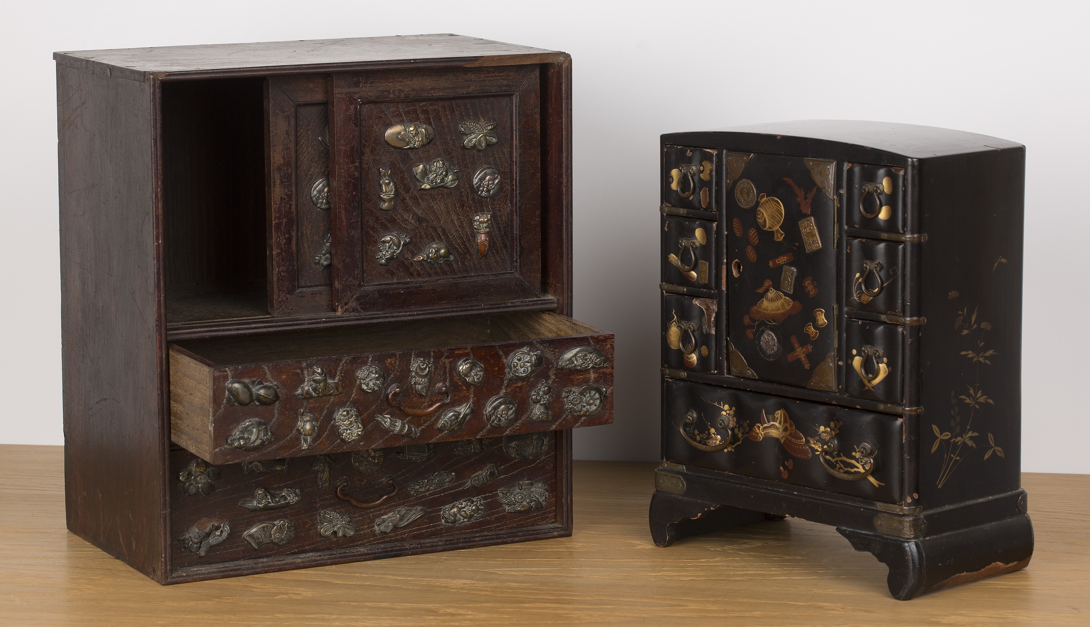 Two table cabinets Japanese, circa 1900 one lacquered, 21cm wide x 27.5cm high and a burr wood - Image 2 of 4
