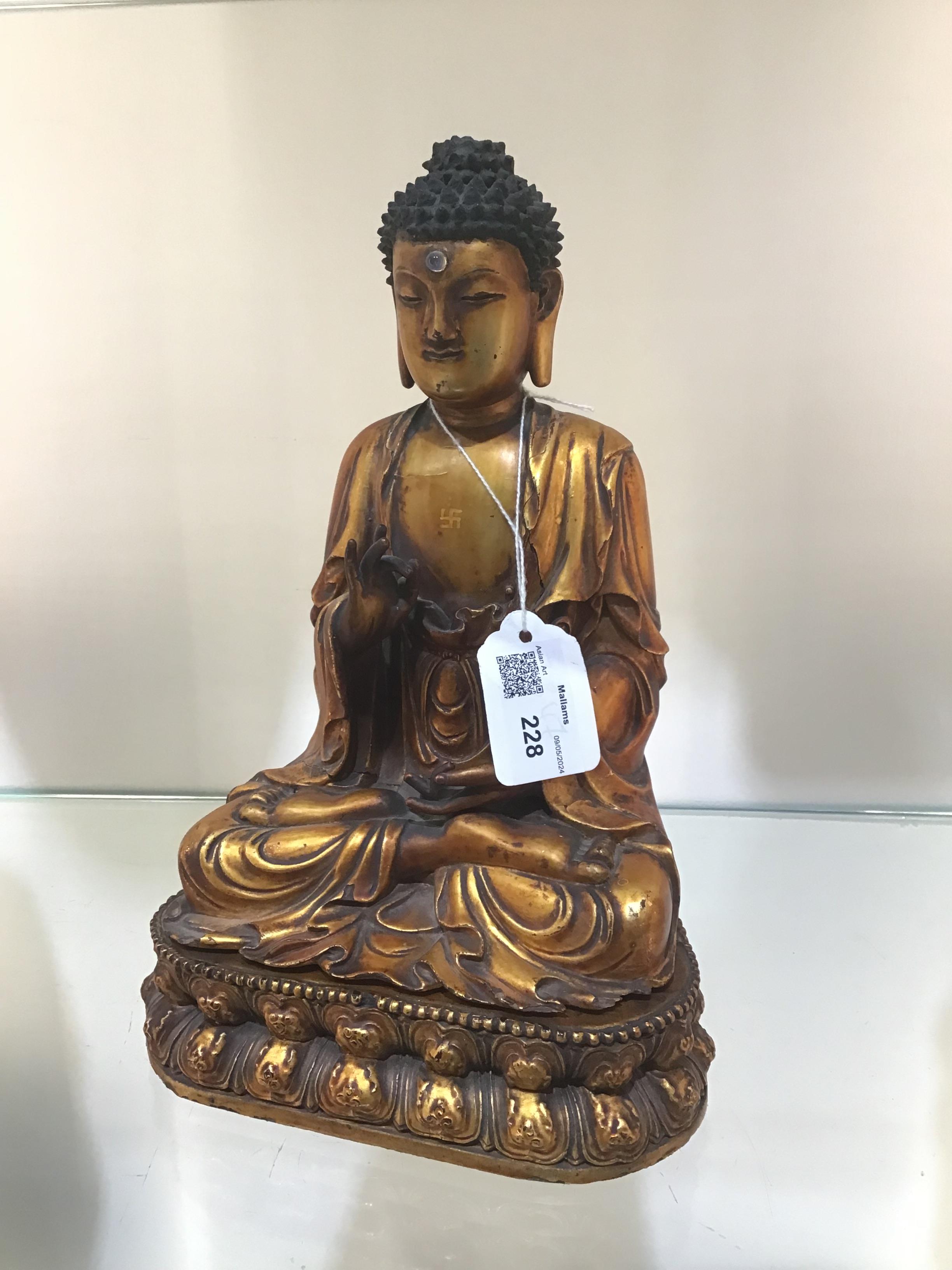 Giltwood seated buddha Japanese, 19th Century the seated figure with hand raised and on a double - Image 11 of 15
